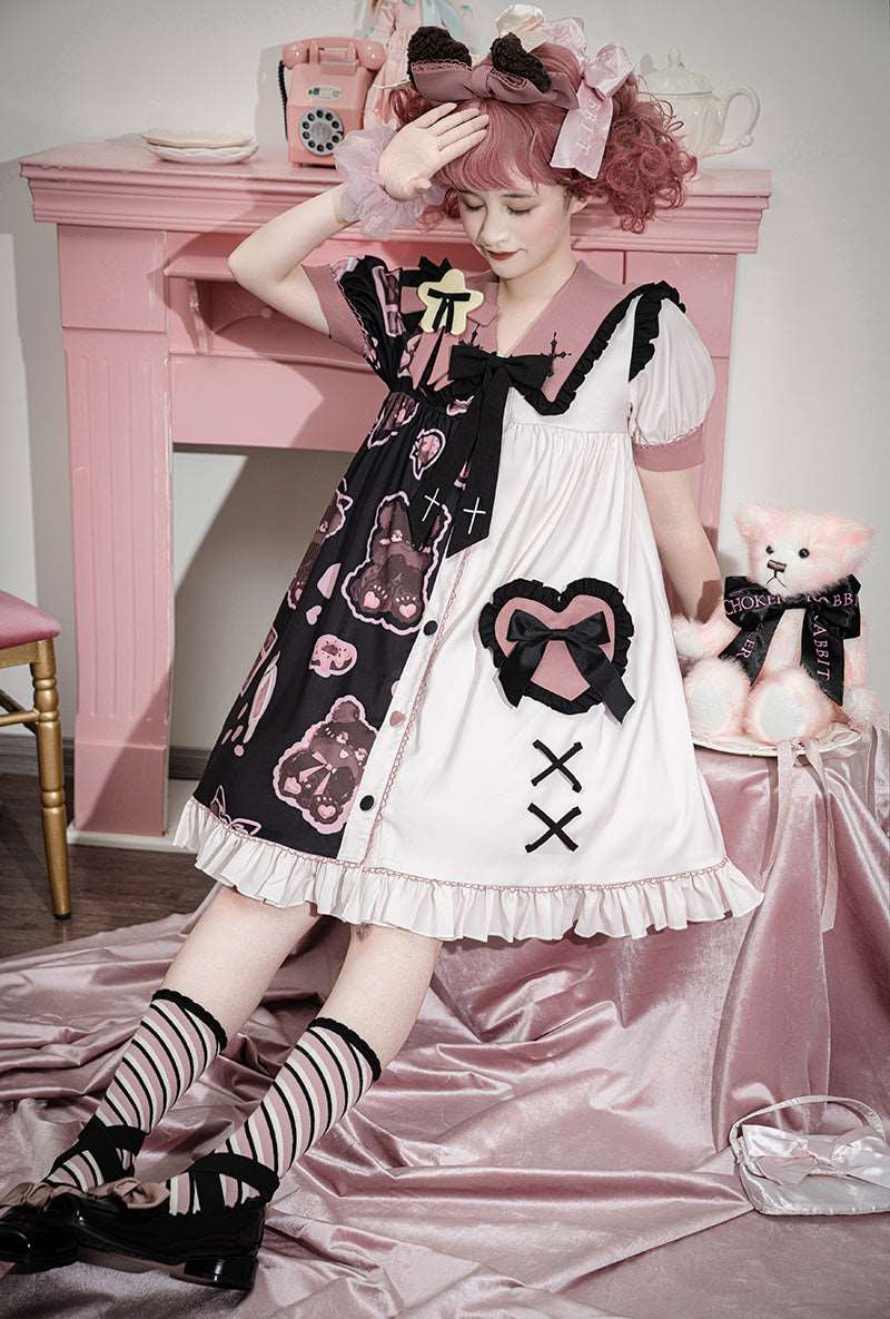 Black Pink White Teddy Bear Cross Sailor Collar Puff Sleeve Dress - Image 3