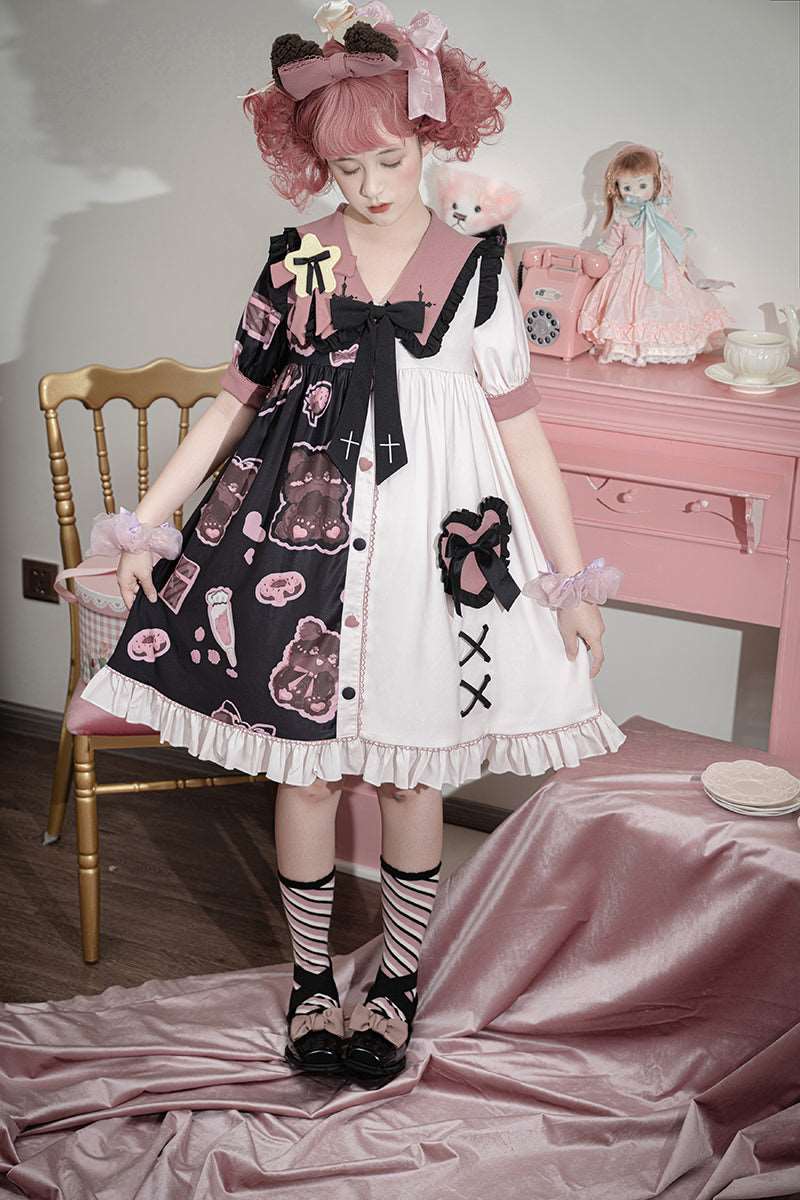 Black Pink White Teddy Bear Cross Sailor Collar Puff Sleeve Dress - Image 4