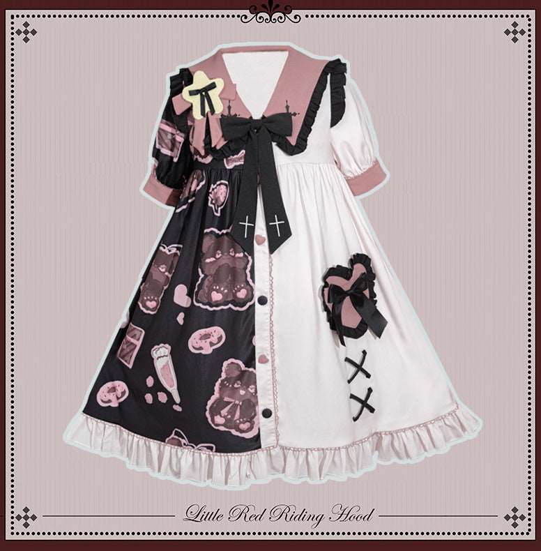 Black Pink White Teddy Bear Cross Sailor Collar Puff Sleeve Dress - Image 5