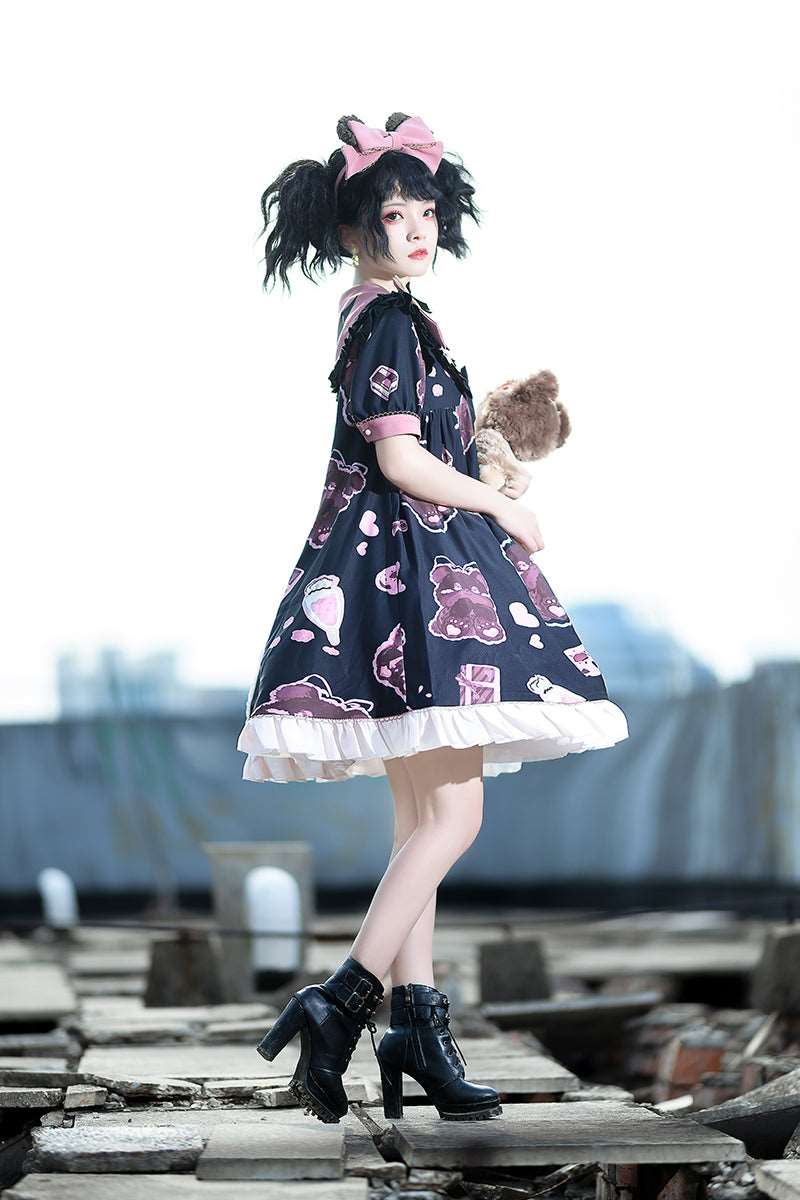 Black Pink White Teddy Bear Cross Sailor Collar Puff Sleeve Dress - Image 6