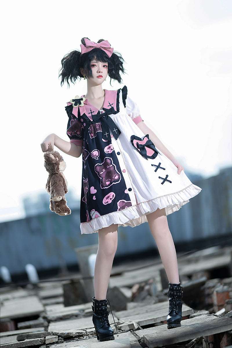 Black Pink White Teddy Bear Cross Sailor Collar Puff Sleeve Dress - Image 9