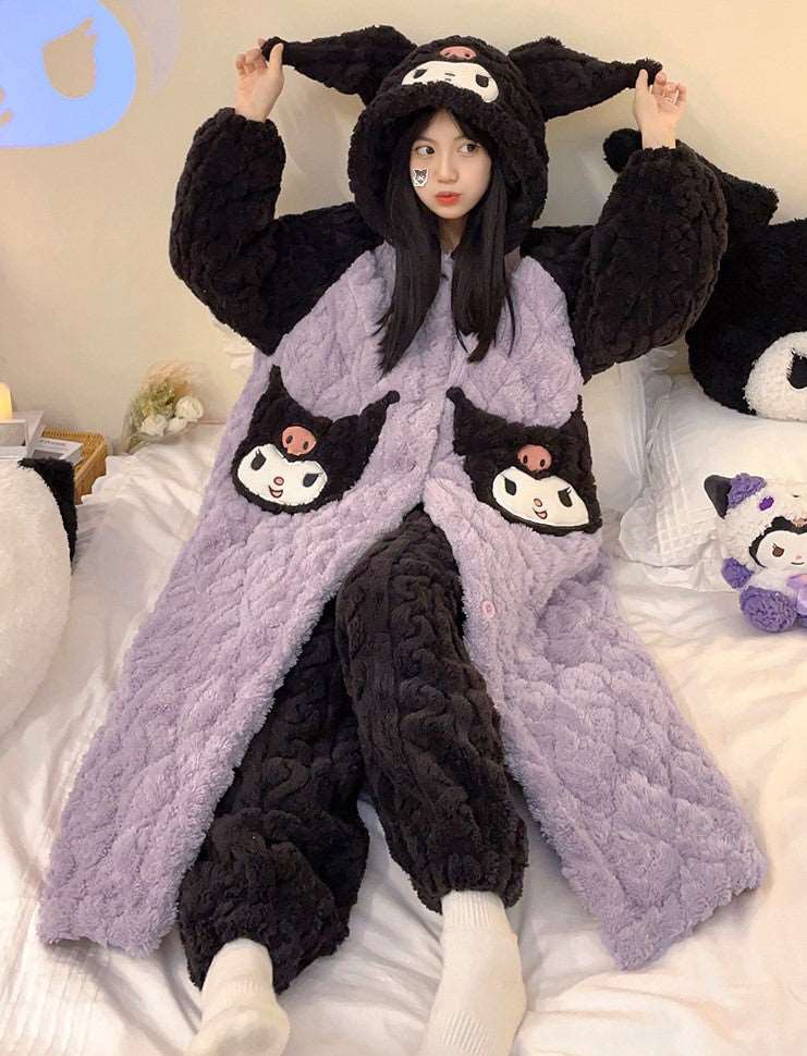 Black & Purple Devil Cartoon Thick Winter Pajamas Hooded Bathrobe & Pants - Image 8