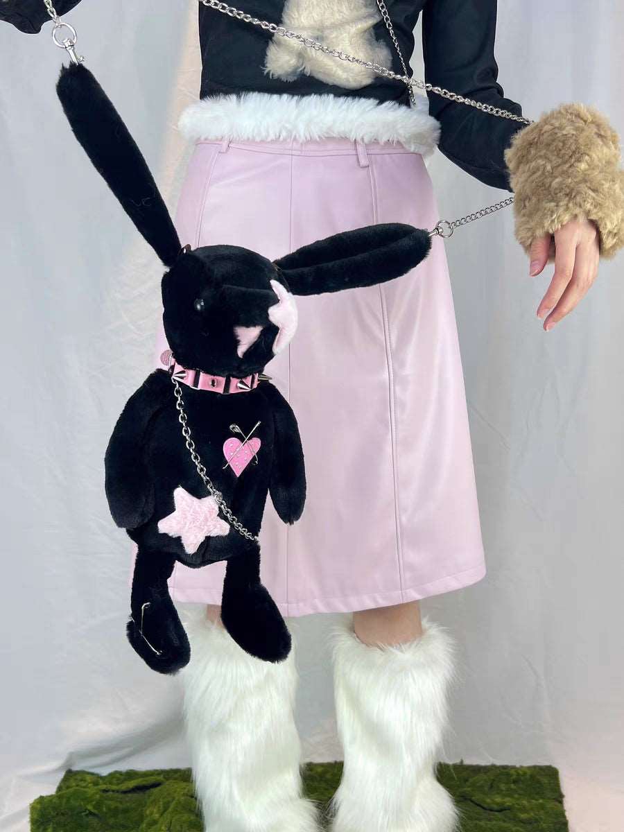 Black White Rabbit Doll Cute Plush Chain Star Love Collar Messenger Bag - Image 5