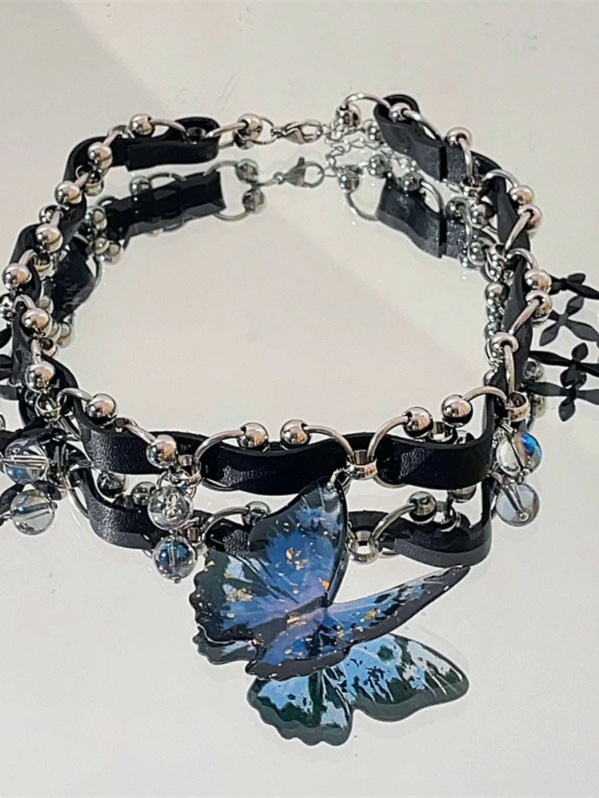 Blue Butterfly Pendant Black PU Leather Choker Necklace - Image 2
