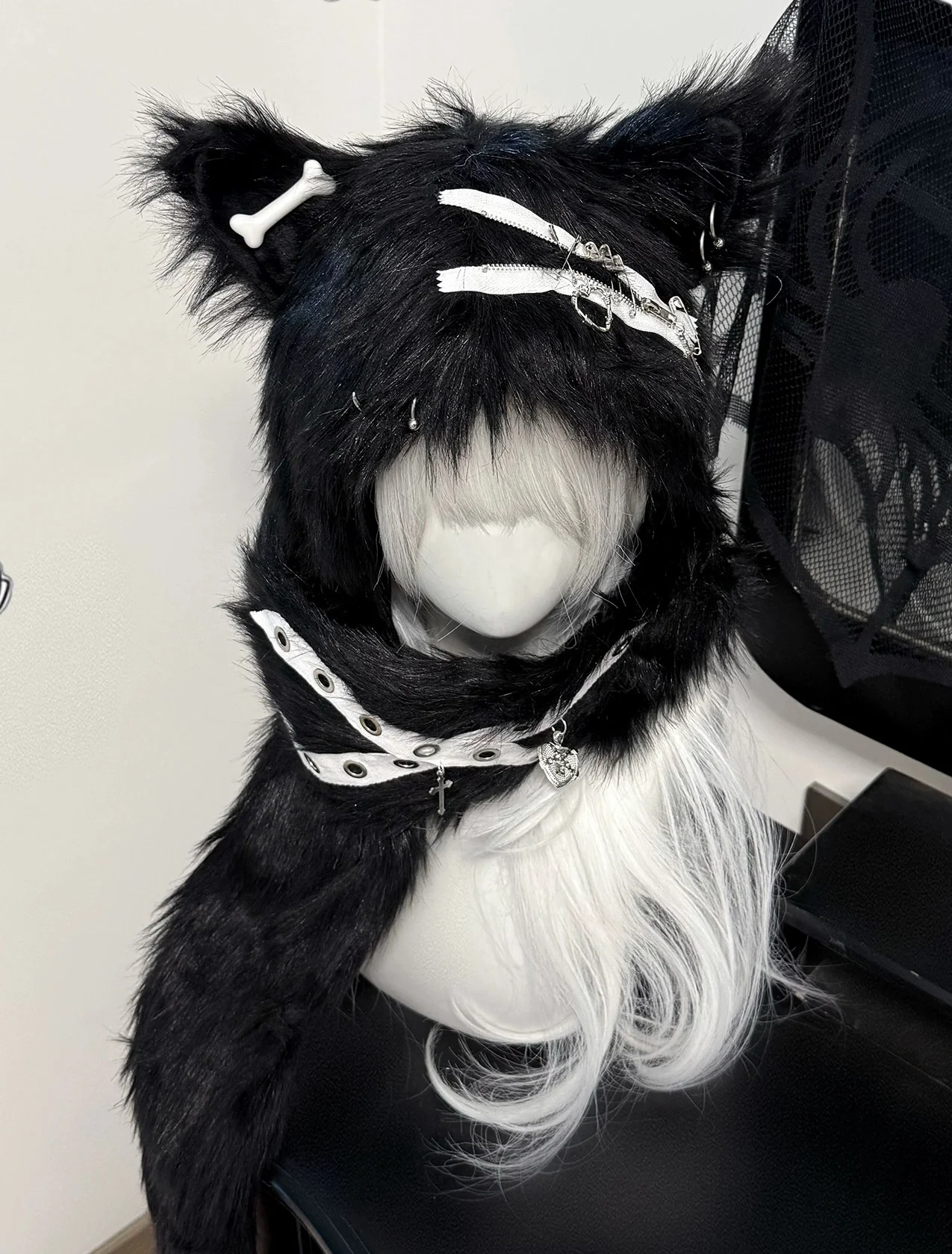 Bony Punk Y2K Black White Fuzzy Cat Ears Hats - Image 3