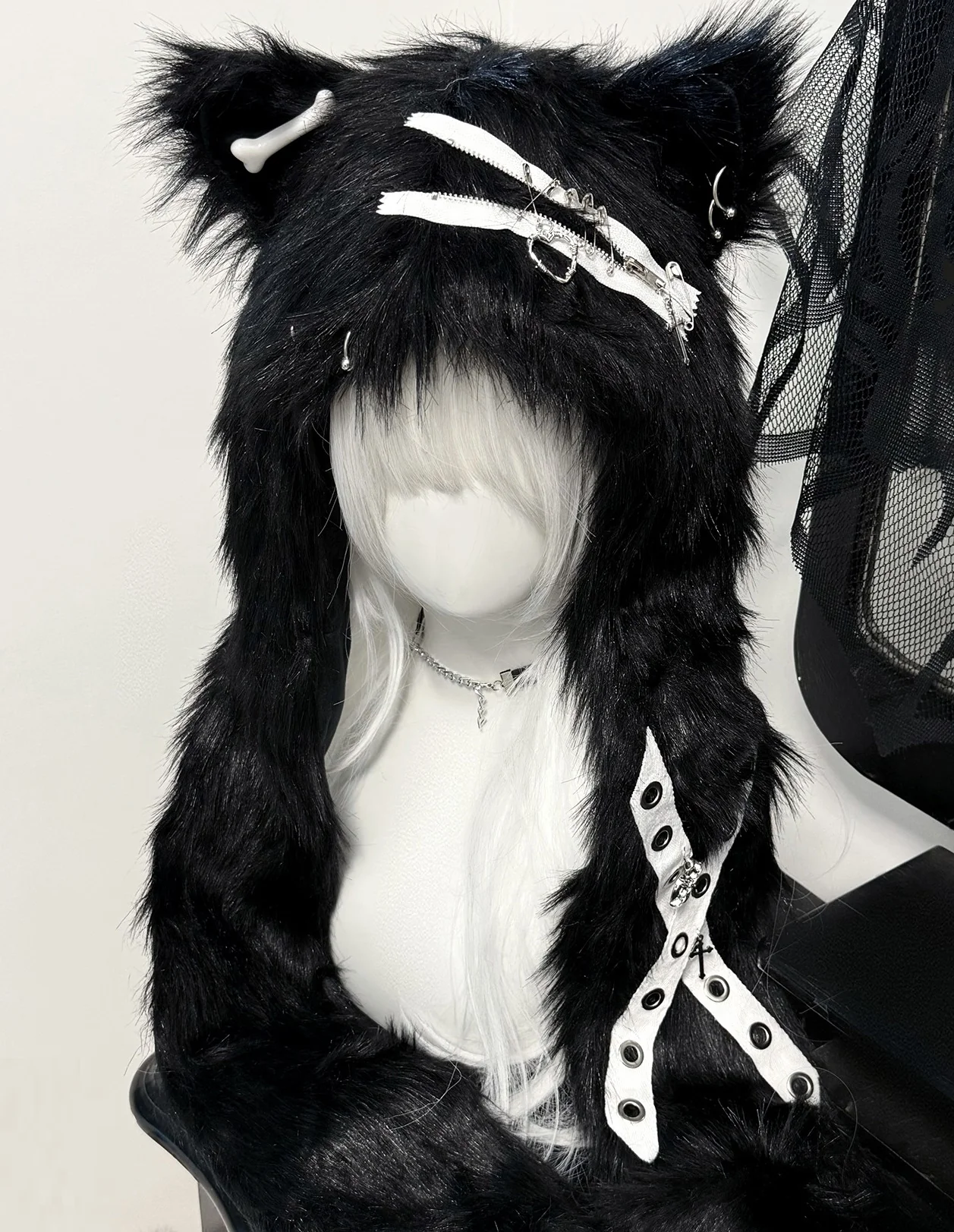 Bony Punk Y2K Black White Fuzzy Cat Ears Hats - Image 4