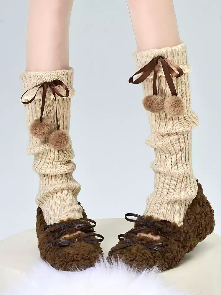 Brown Bear Pompom Balls Knit Leg Warmers