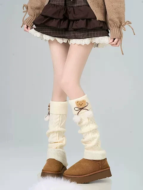 Brown Bear Pompom Balls Knit Leg Warmers - Image 6