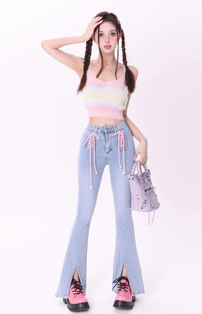 Bubblegum Rainbow Gradient Color Knit Cardigan Sling Short Camisole Cardigan Two Piece Set - Image 3