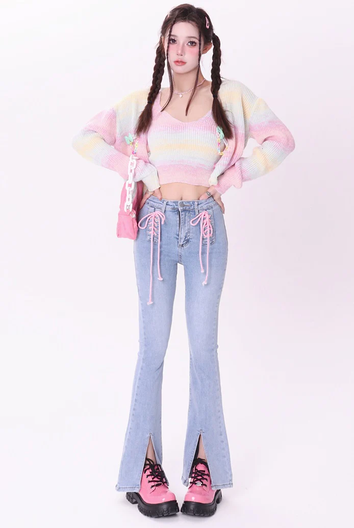 Bubblegum Rainbow Gradient Color Knit Cardigan Sling Short Camisole Cardigan Two Piece Set - Image 4