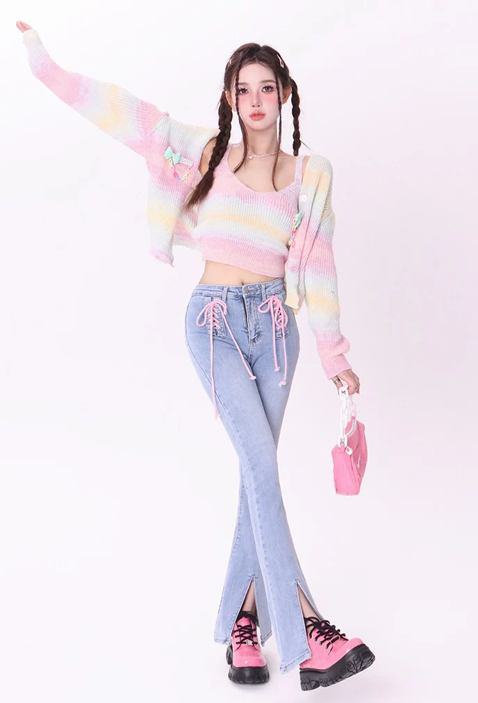Bubblegum Rainbow Gradient Color Knit Cardigan Sling Short Camisole Cardigan Two Piece Set - Image 5