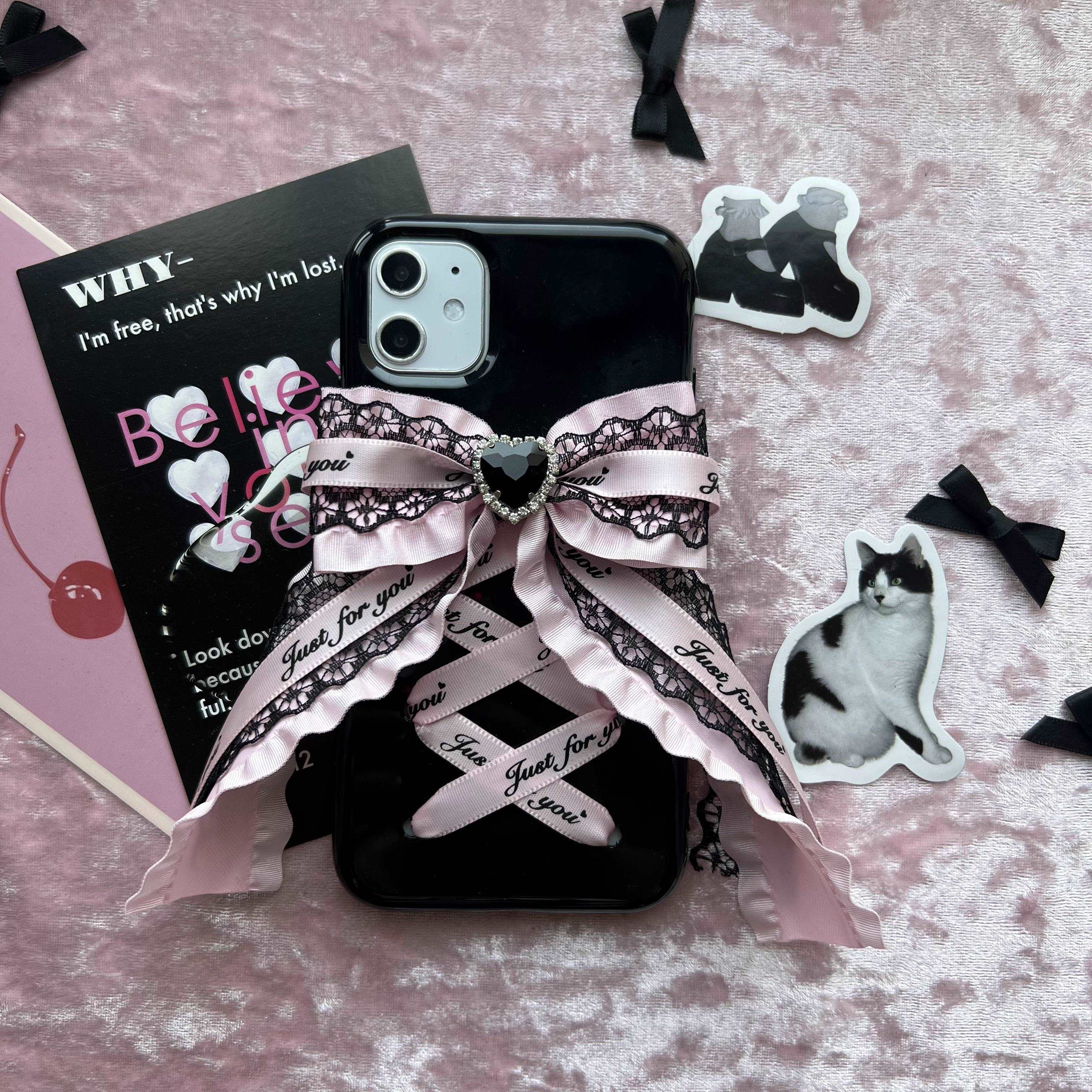 Candy Bunny Sweet Coquette Heart Bow Black Pink Phone Case Charm Strap Chain - Image 3