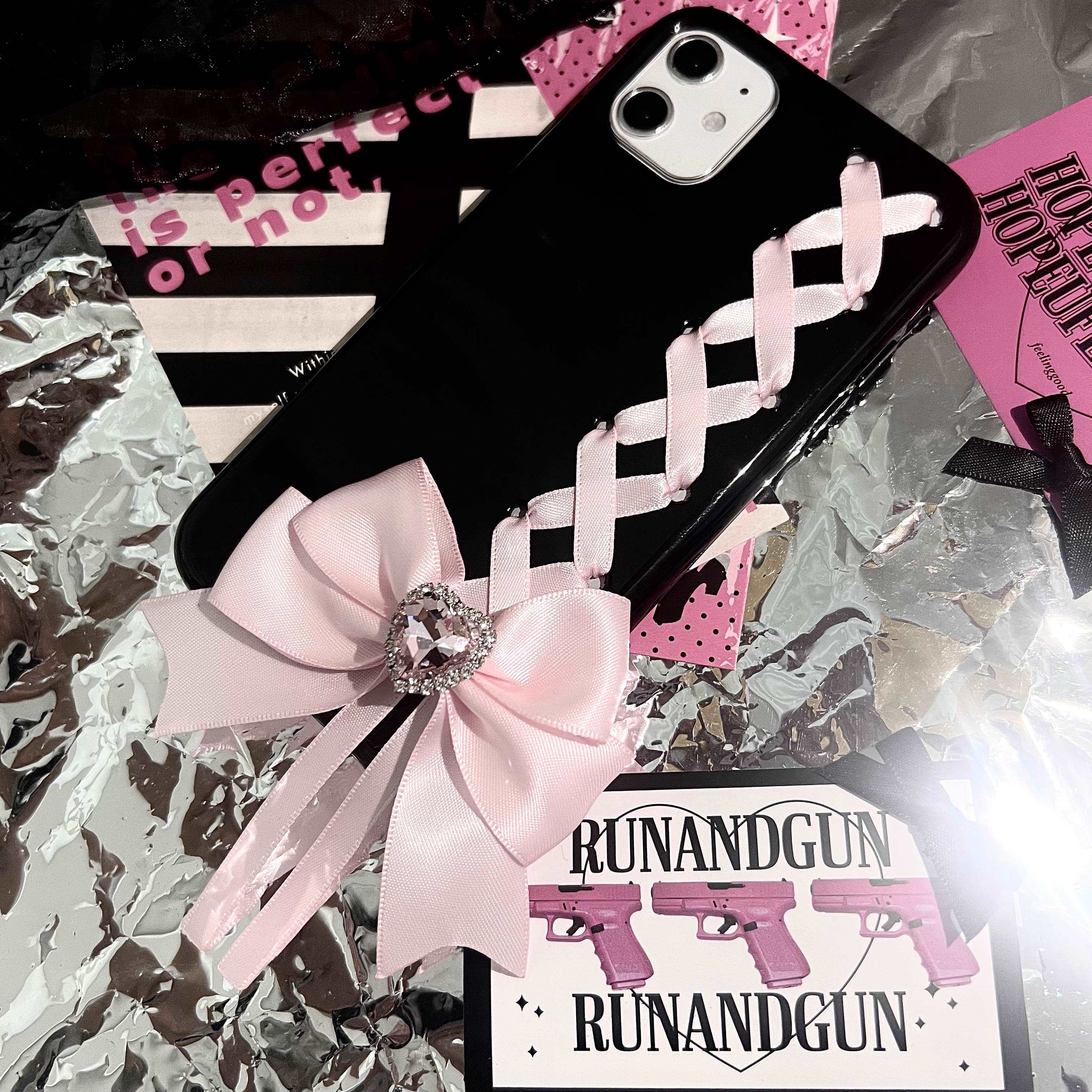 Candy Bunny Sweet Coquette Heart Bow Black Pink Phone Case Charm Strap Chain - Image 4