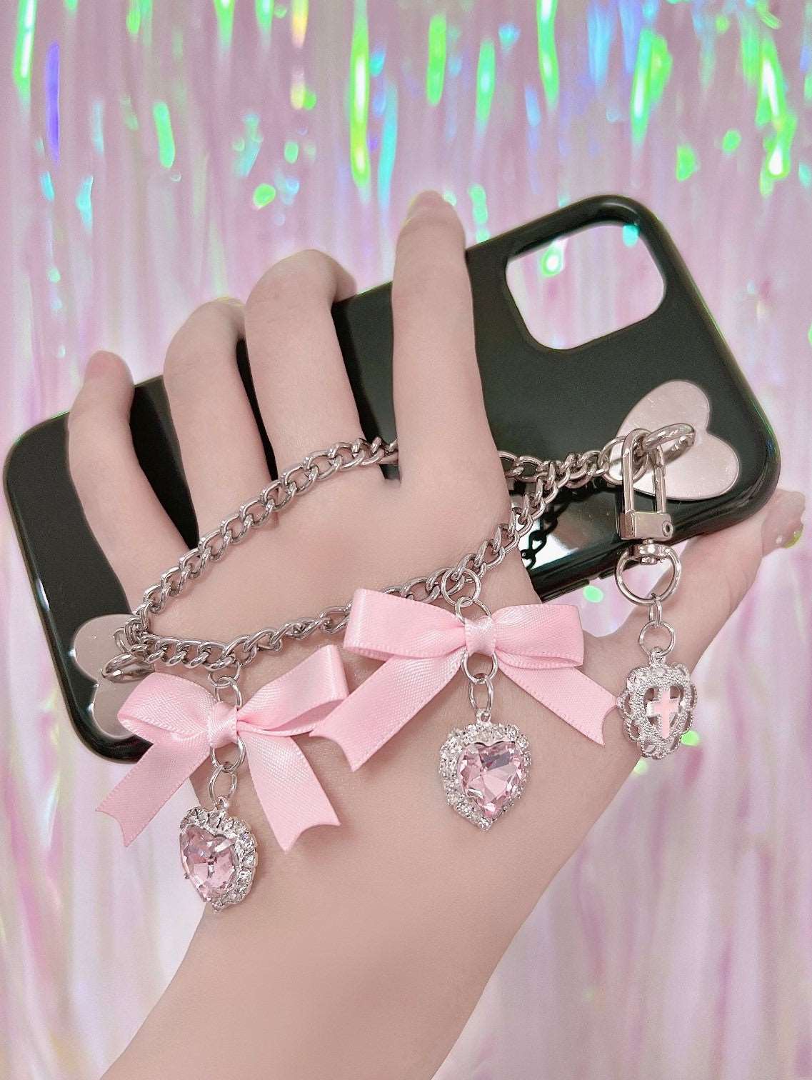 Candy Bunny Sweet Coquette Heart Bow Black Pink Phone Case Charm Strap Chain - Image 5