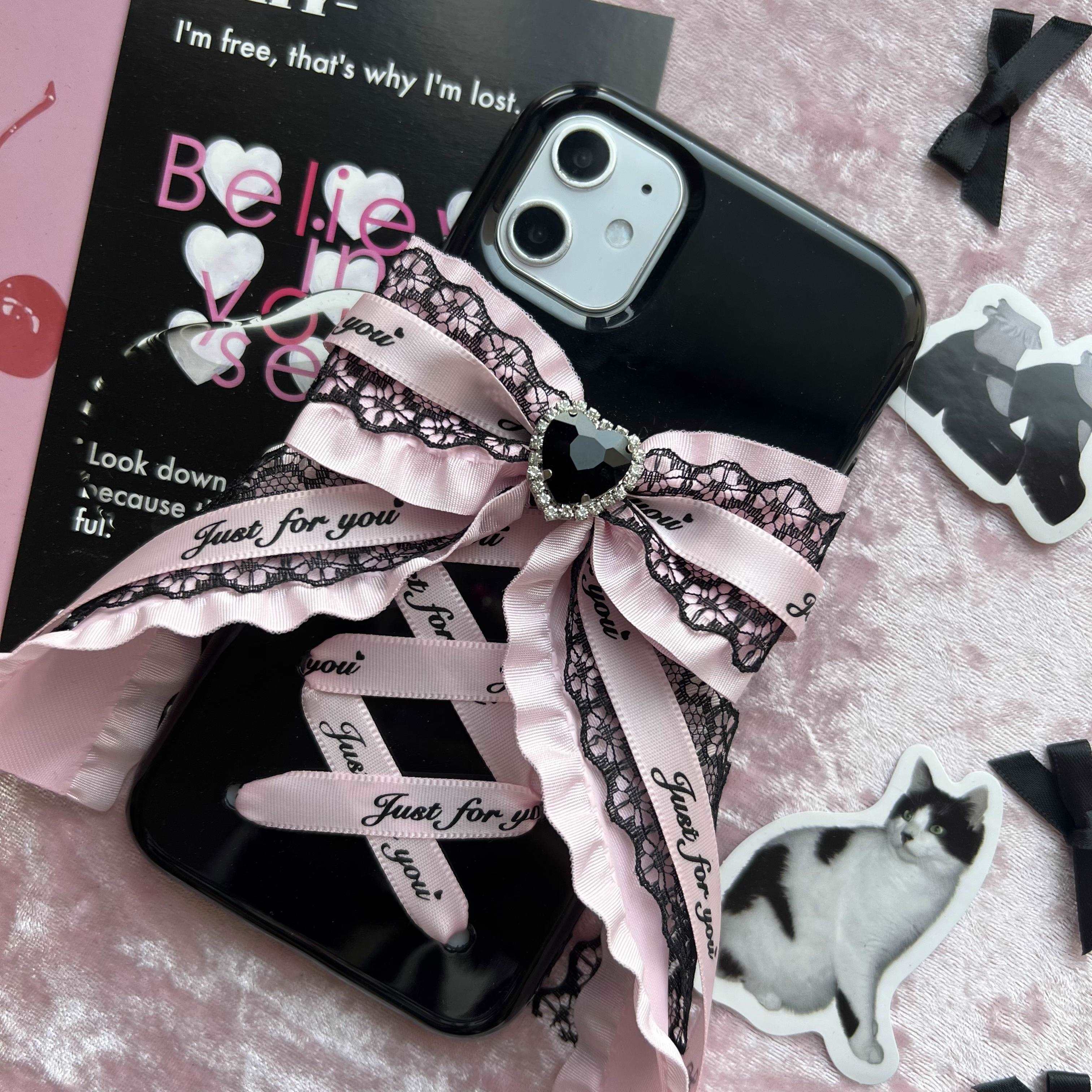 Candy Bunny Sweet Coquette Heart Bow Black Pink Phone Case Charm Strap Chain - Image 6