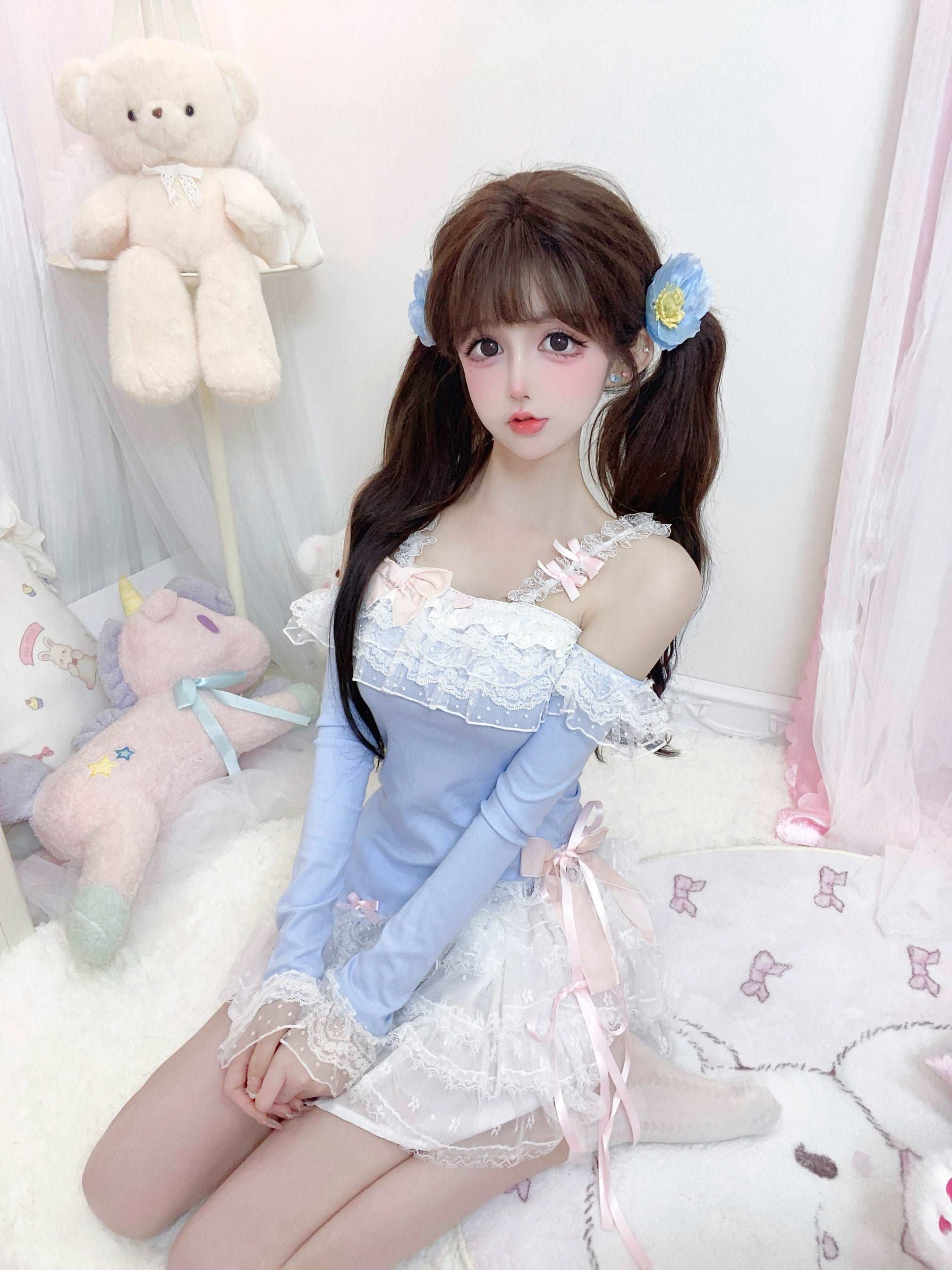 Candy Fairy Blue Bunny Top White Ruffle Skirt Two Piece Set - Image 3