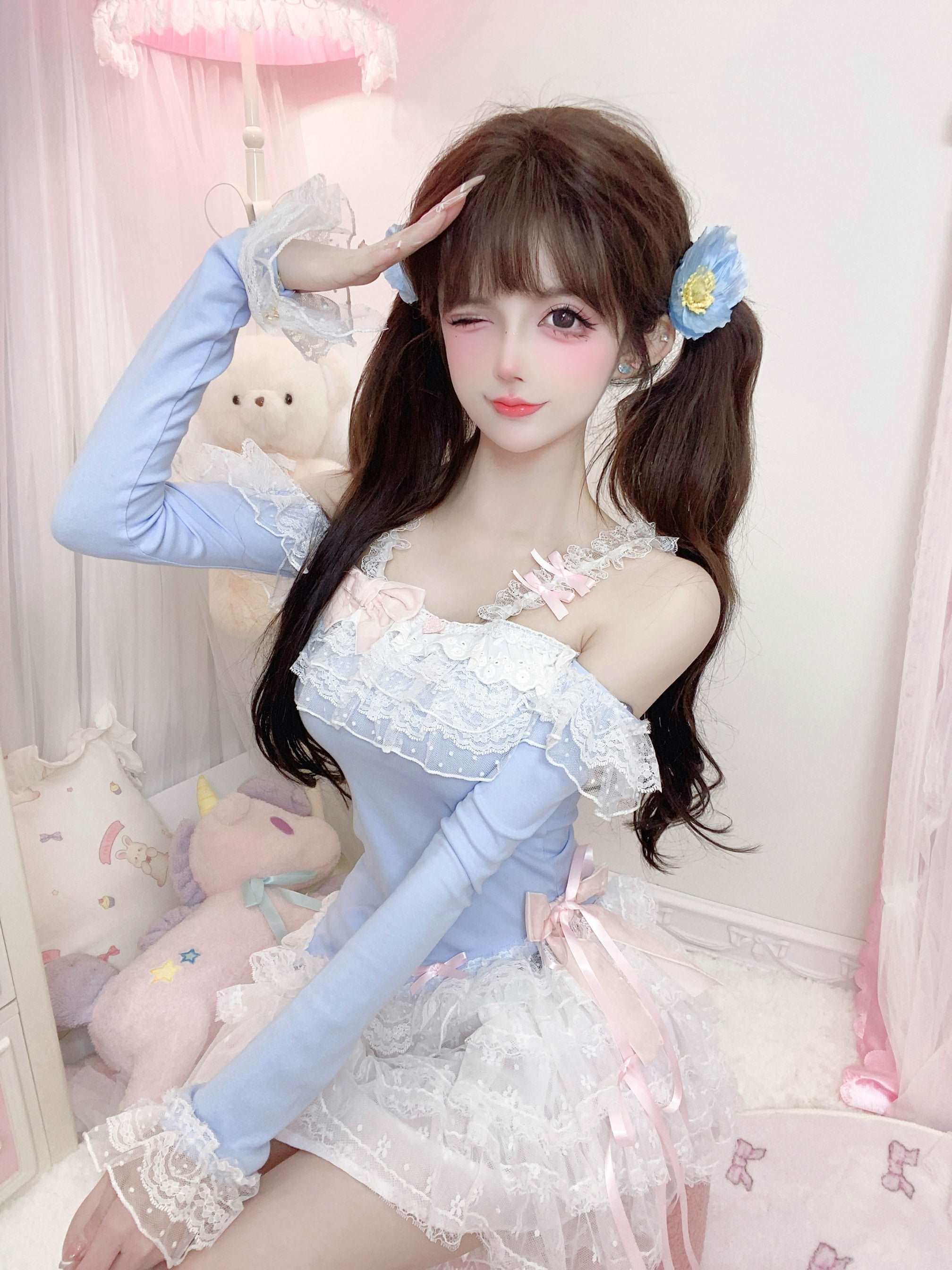 Candy Fairy Blue Bunny Top White Ruffle Skirt Two Piece Set - Image 5