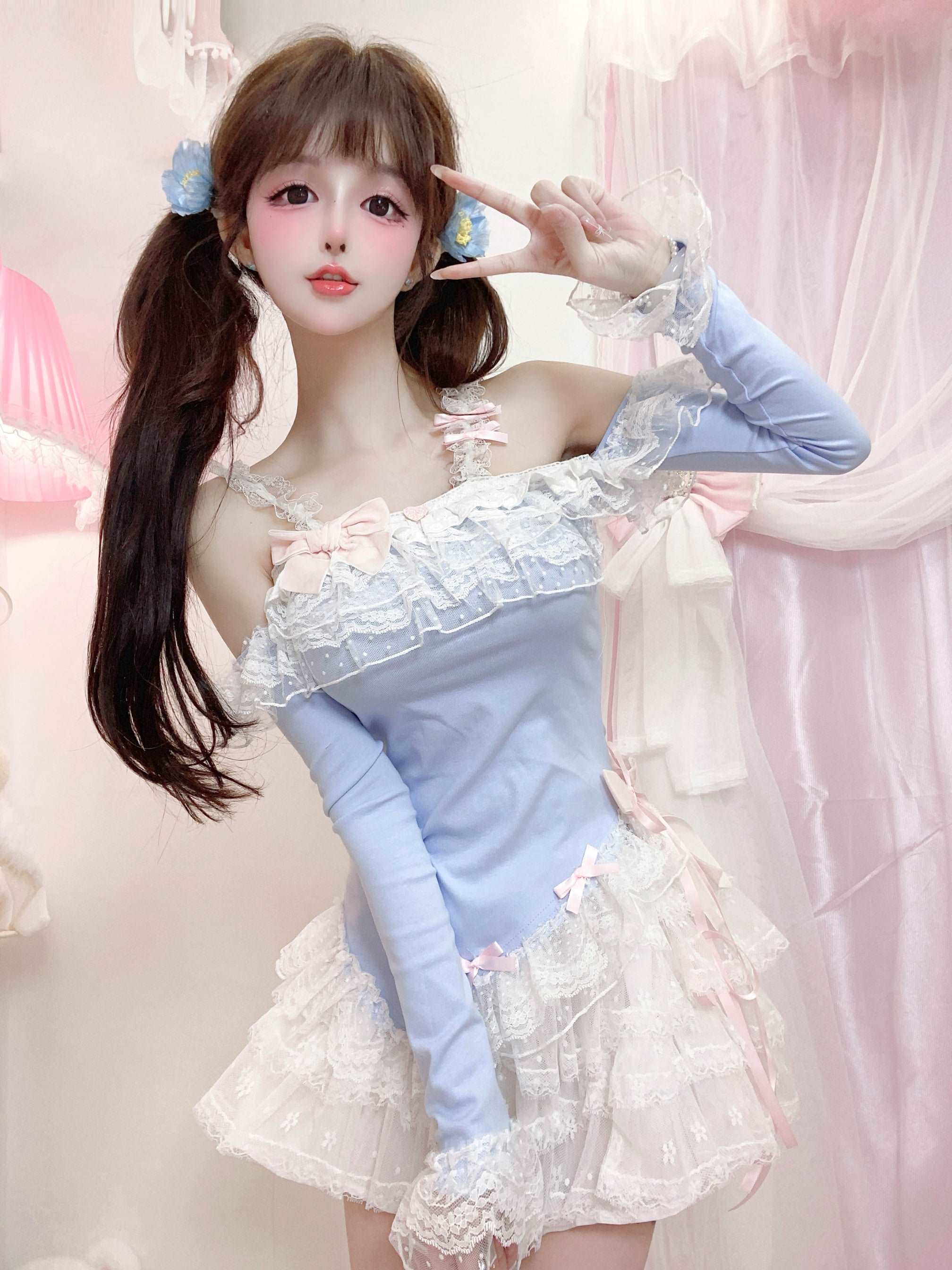 Candy Fairy Blue Bunny Top White Ruffle Skirt Two Piece Set - Image 6