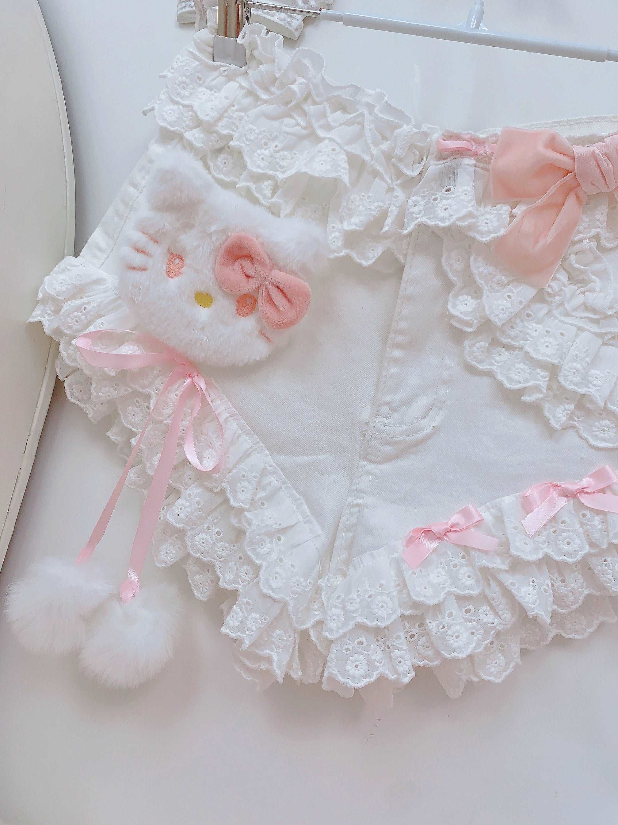 Candy Fairy Coquette Kitty Cat White Denim Lace Shorts - Image 3