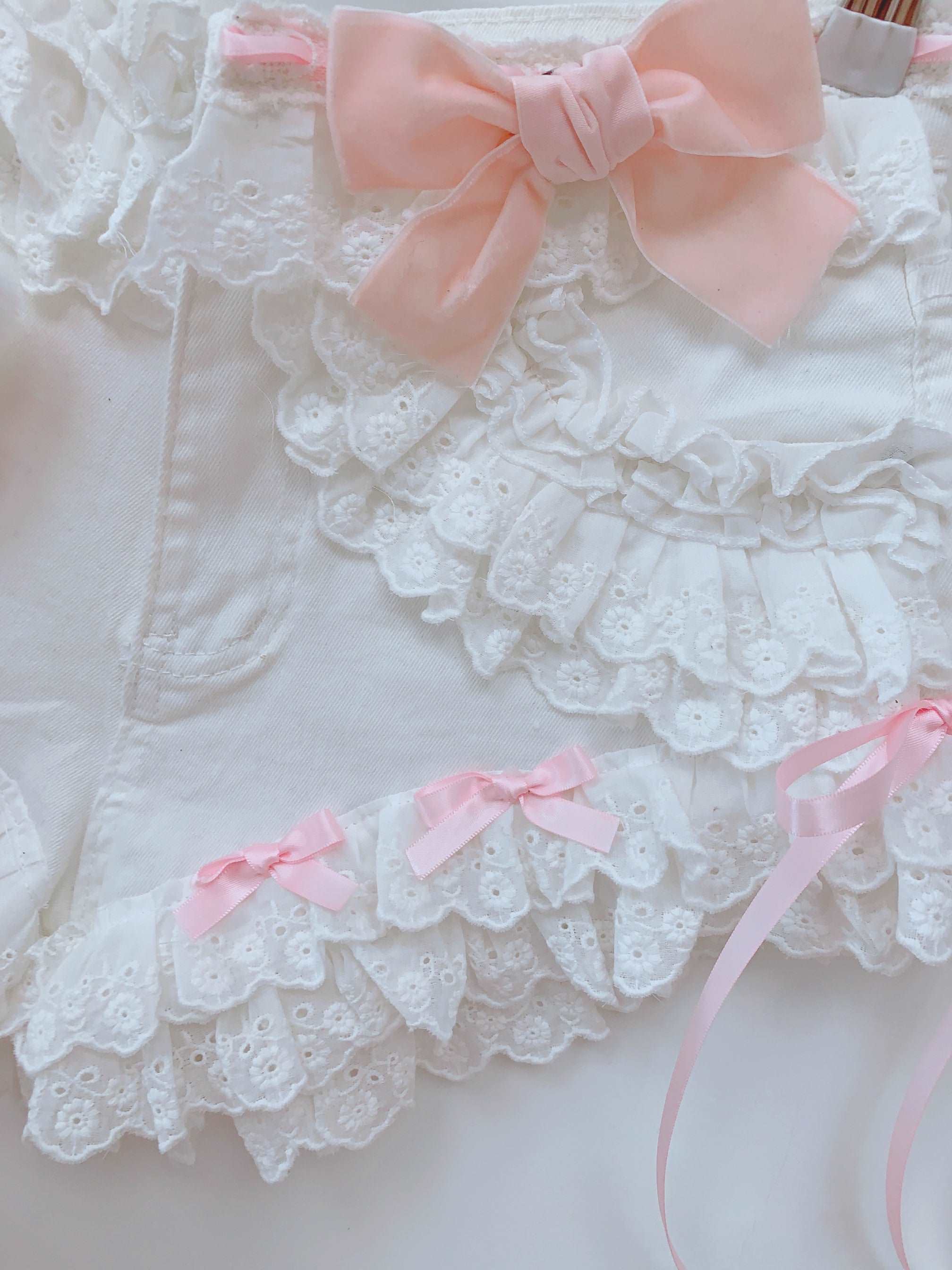 Candy Fairy Coquette Kitty Cat White Denim Lace Shorts - Image 4