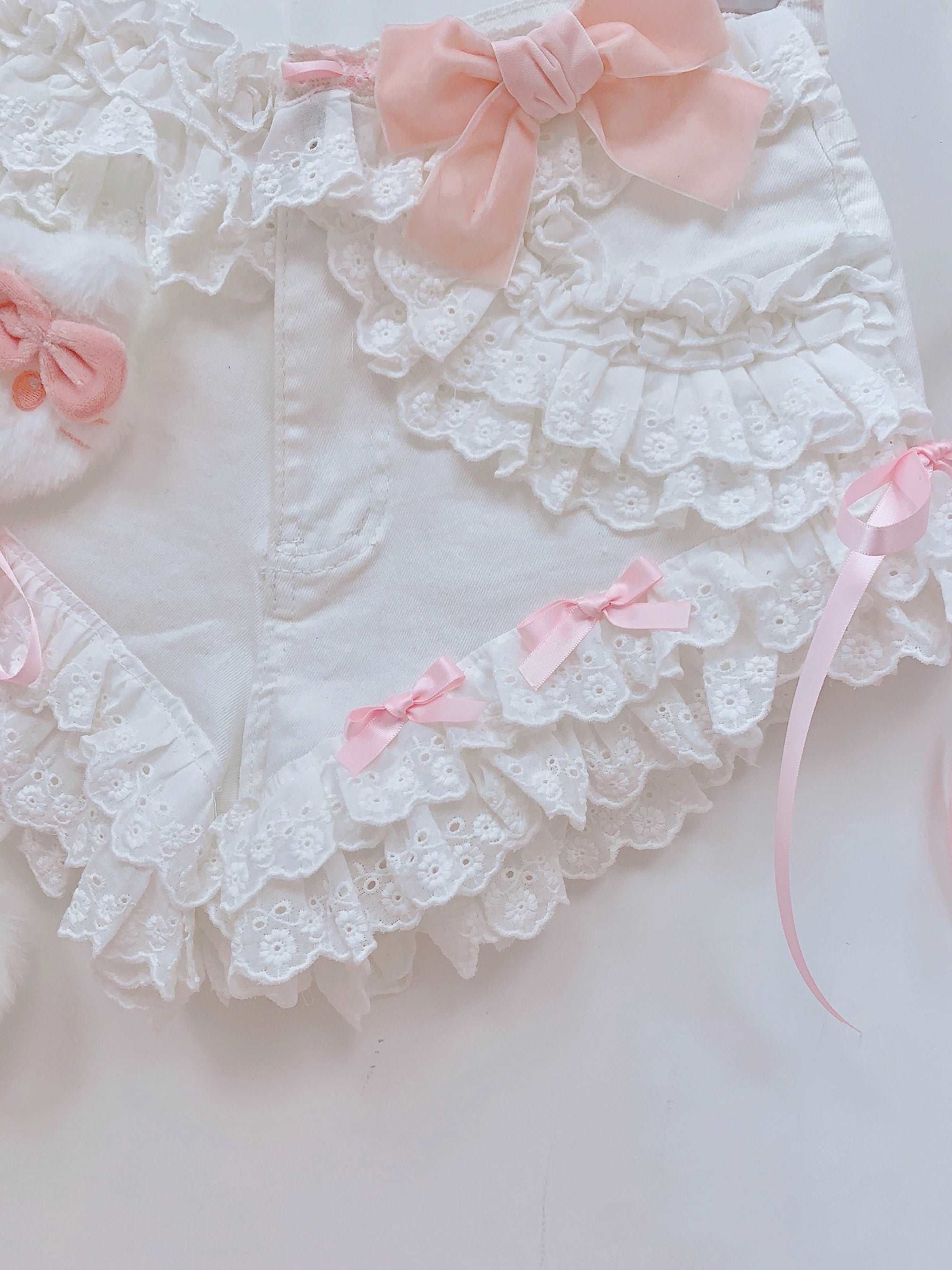 Candy Fairy Coquette Kitty Cat White Denim Lace Shorts - Image 5
