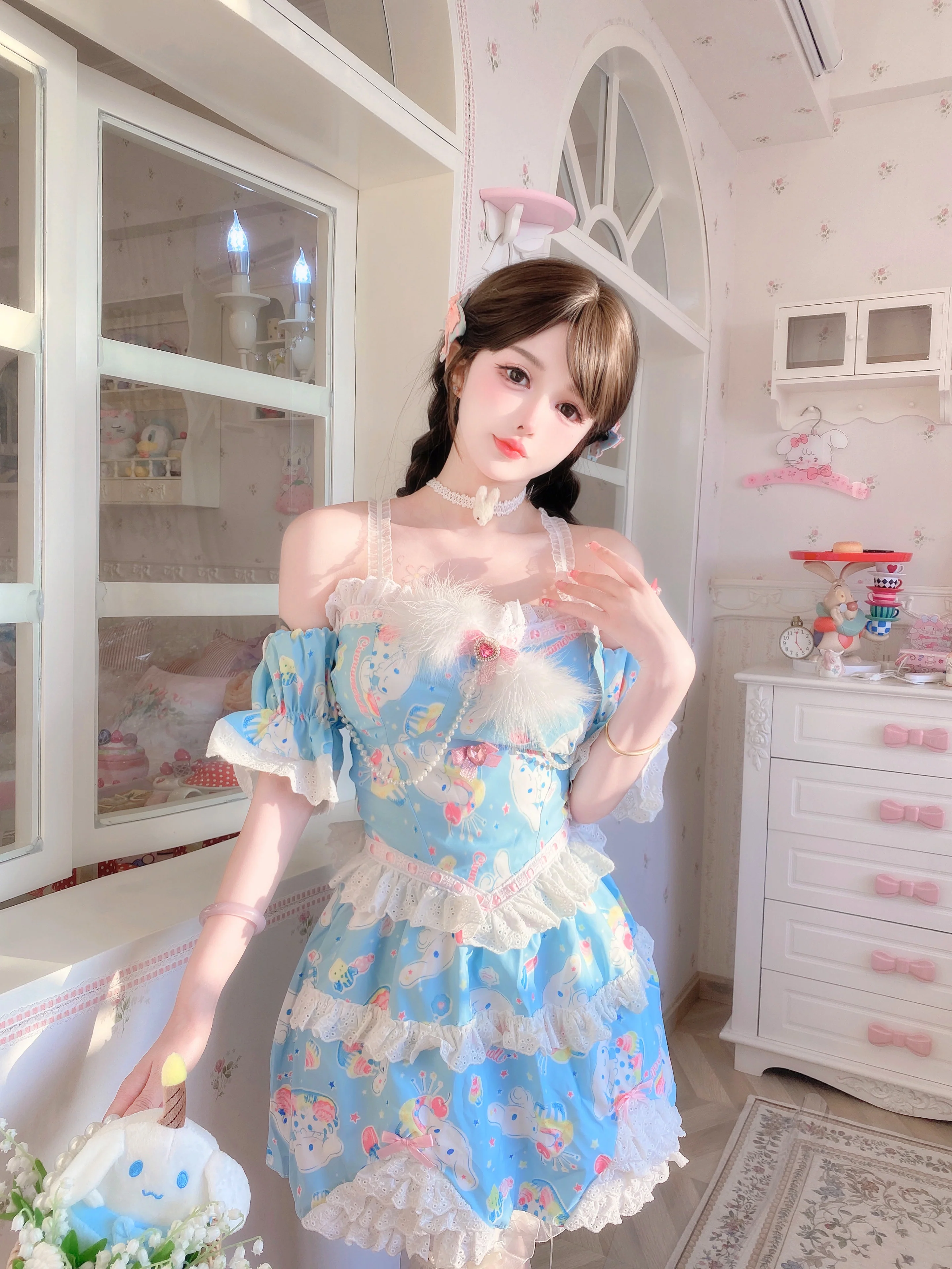 Candy Fairy Cute Blue Cinnamon Dog Lace Camisole Puff Sleeve Top & Skirt Pajamas Two Piece Set - Image 5