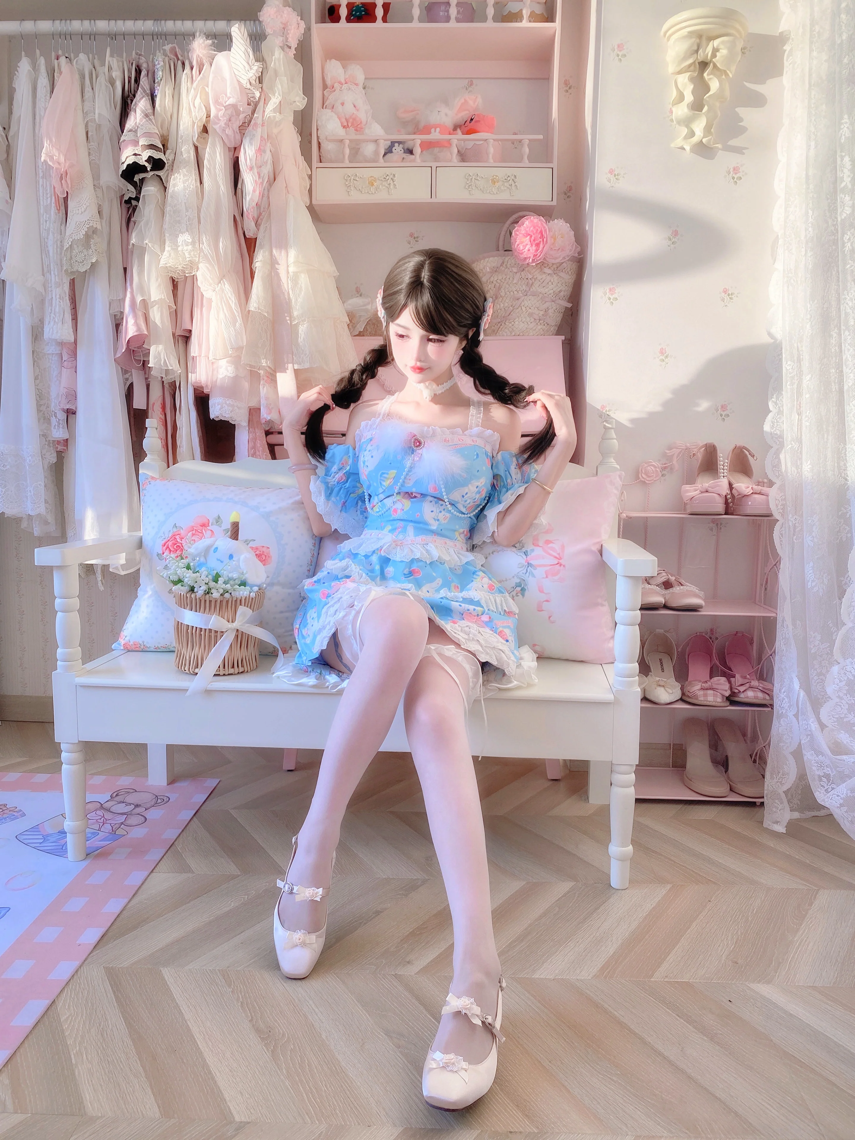 Candy Fairy Cute Blue Cinnamon Dog Lace Camisole Puff Sleeve Top & Skirt Pajamas Two Piece Set - Image 6