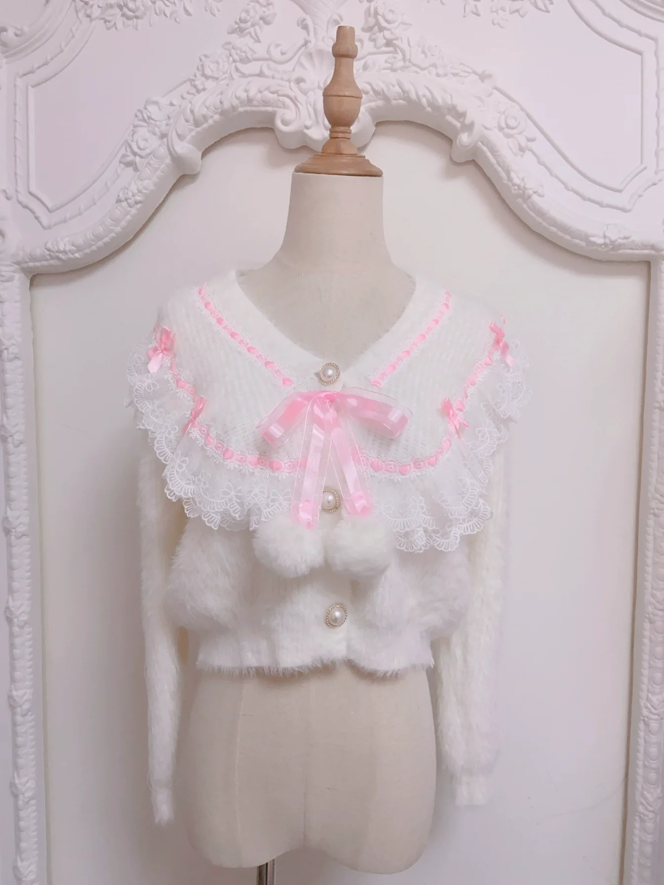 Candy Fairy Gentle Sailor Collar Pink Bow White Sweater - Image 2