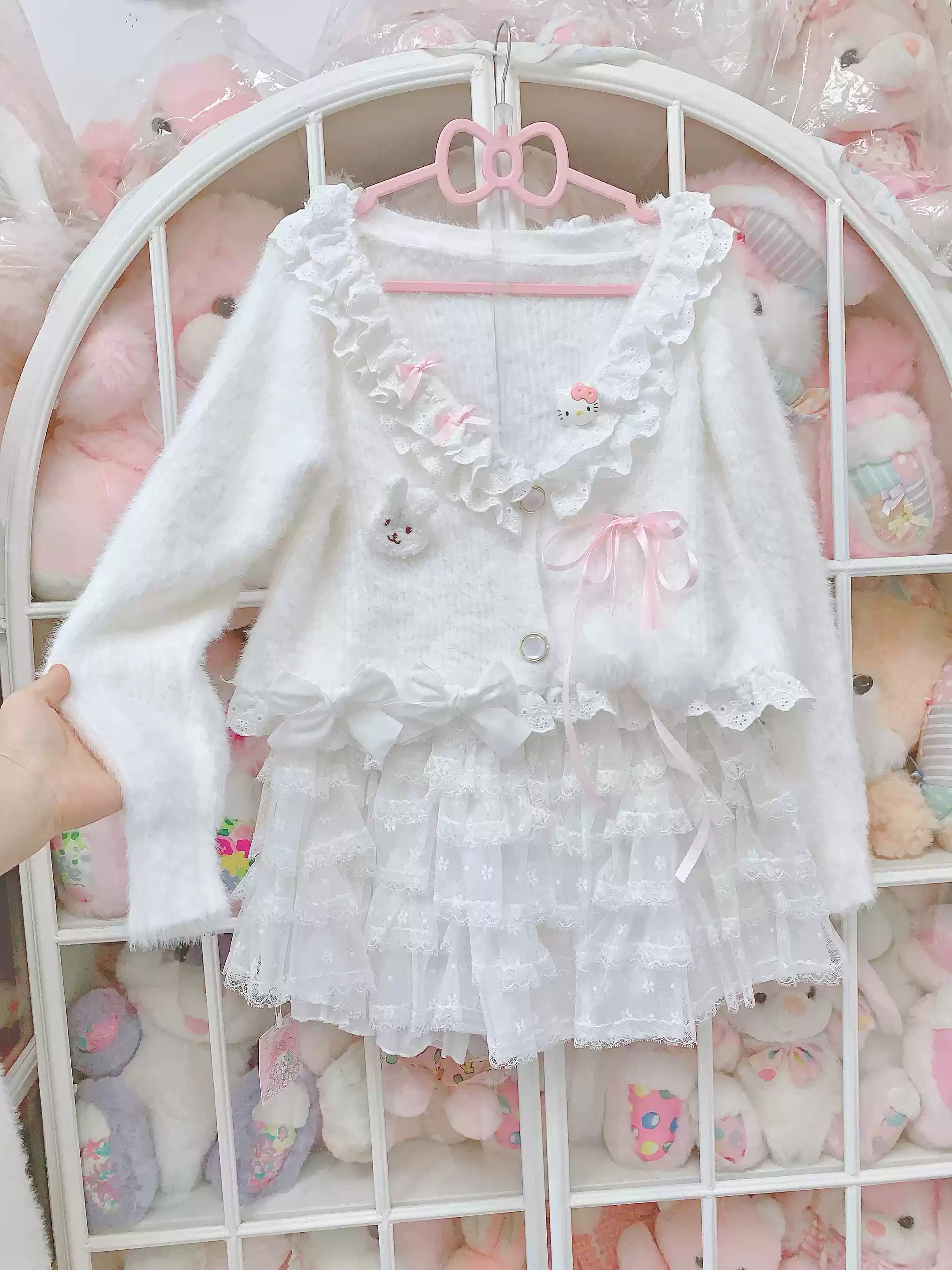Candy Fairy Milky Kitty Knit White Cardigan & Skirt Two Piece Set - Image 4