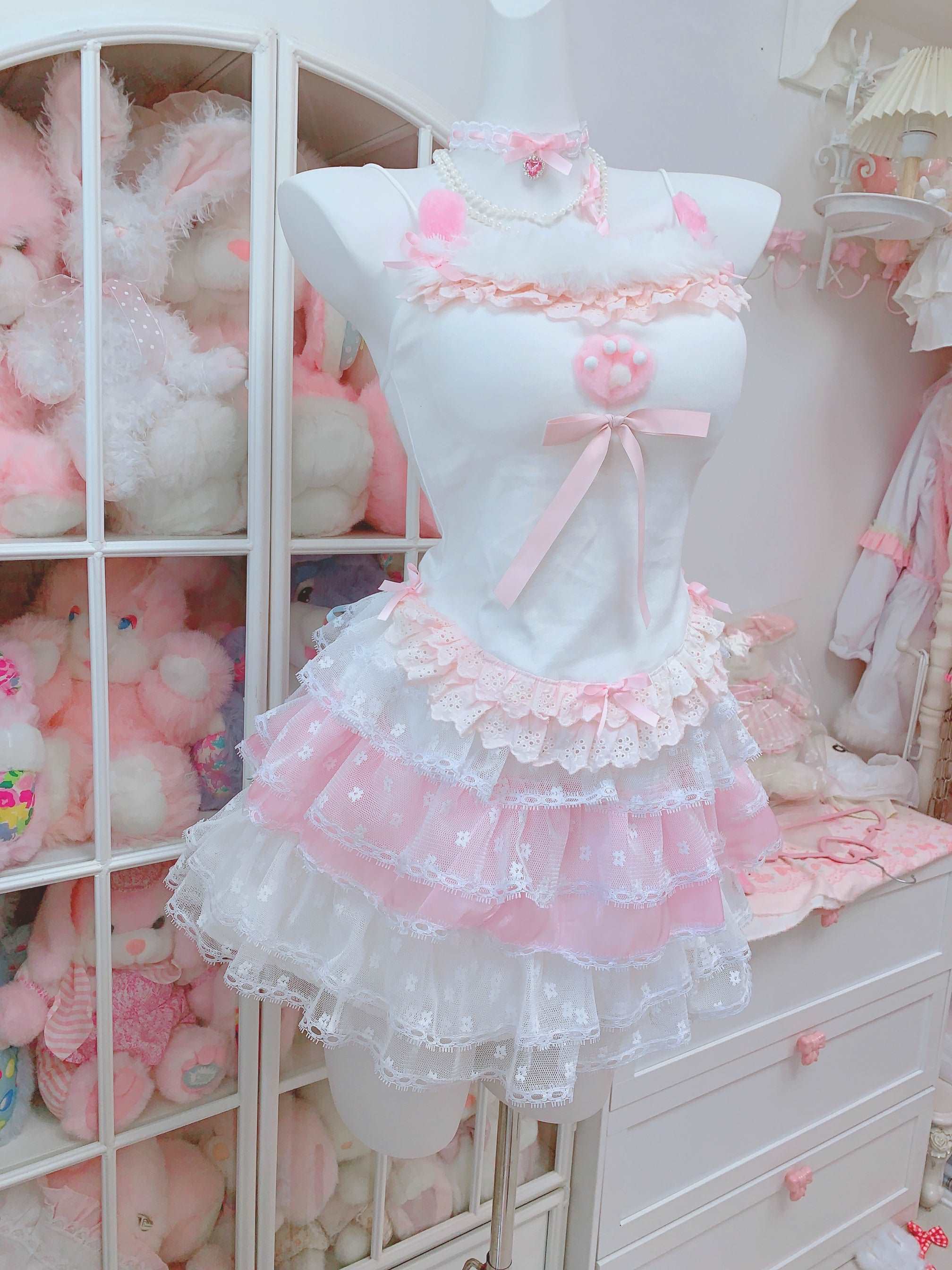 Candy Fairy Paw Camisole Top & Sheer Lace Cardigan & Pink Ruffle Skirt Three Piece Set - Image 3