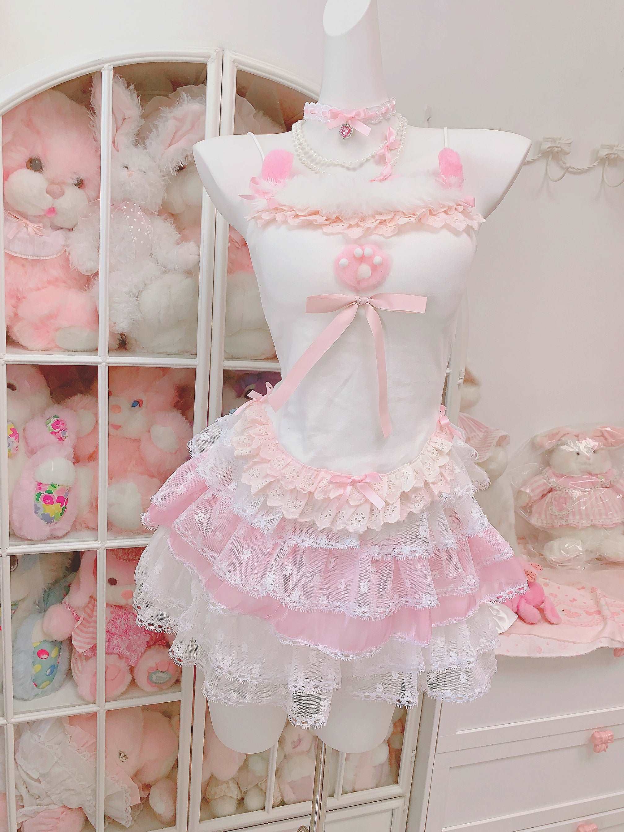 Candy Fairy Paw Camisole Top & Sheer Lace Cardigan & Pink Ruffle Skirt Three Piece Set - Image 4