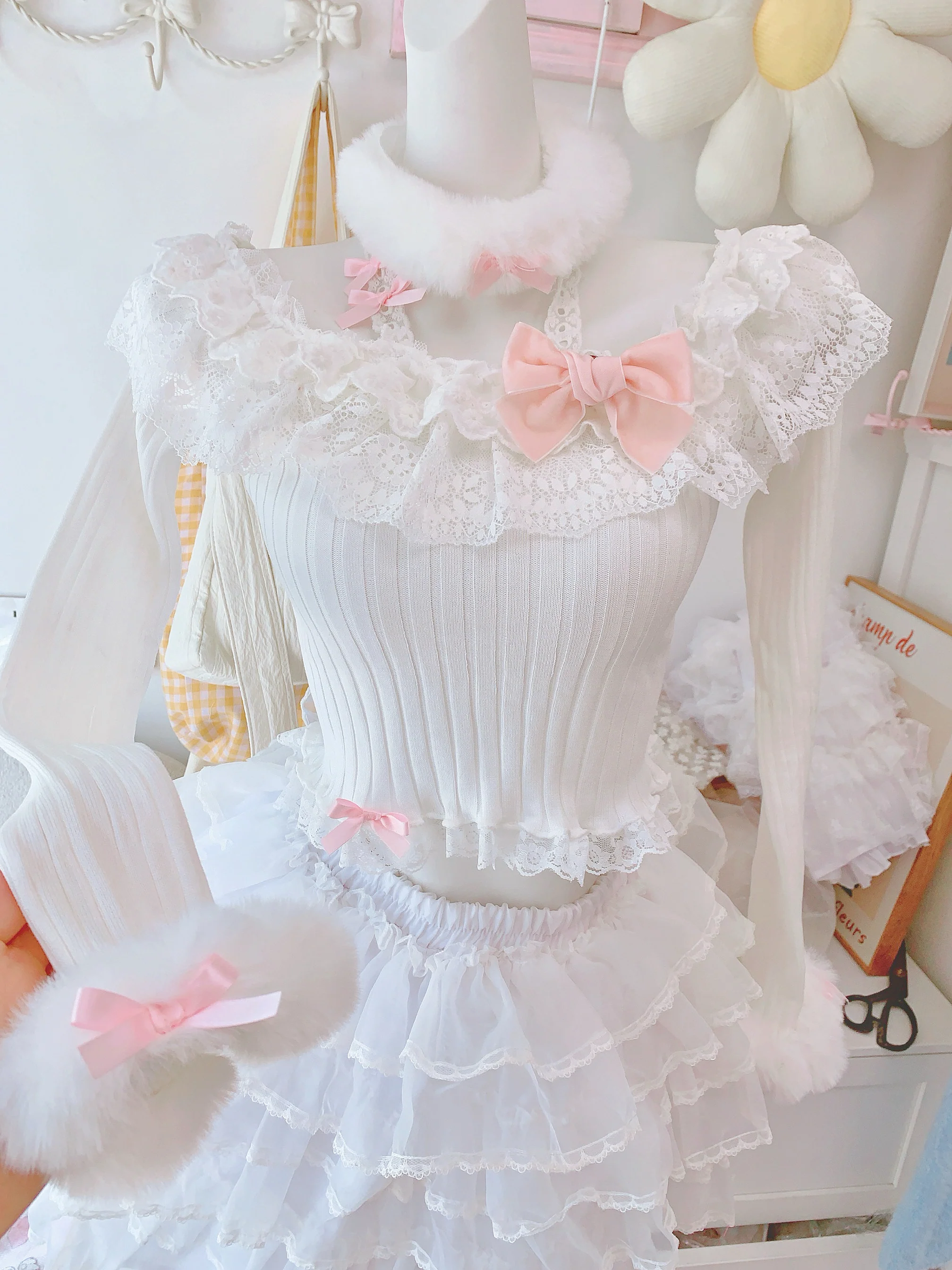 Candy Fairy Pearl Lace White Knit Sweater - Image 3