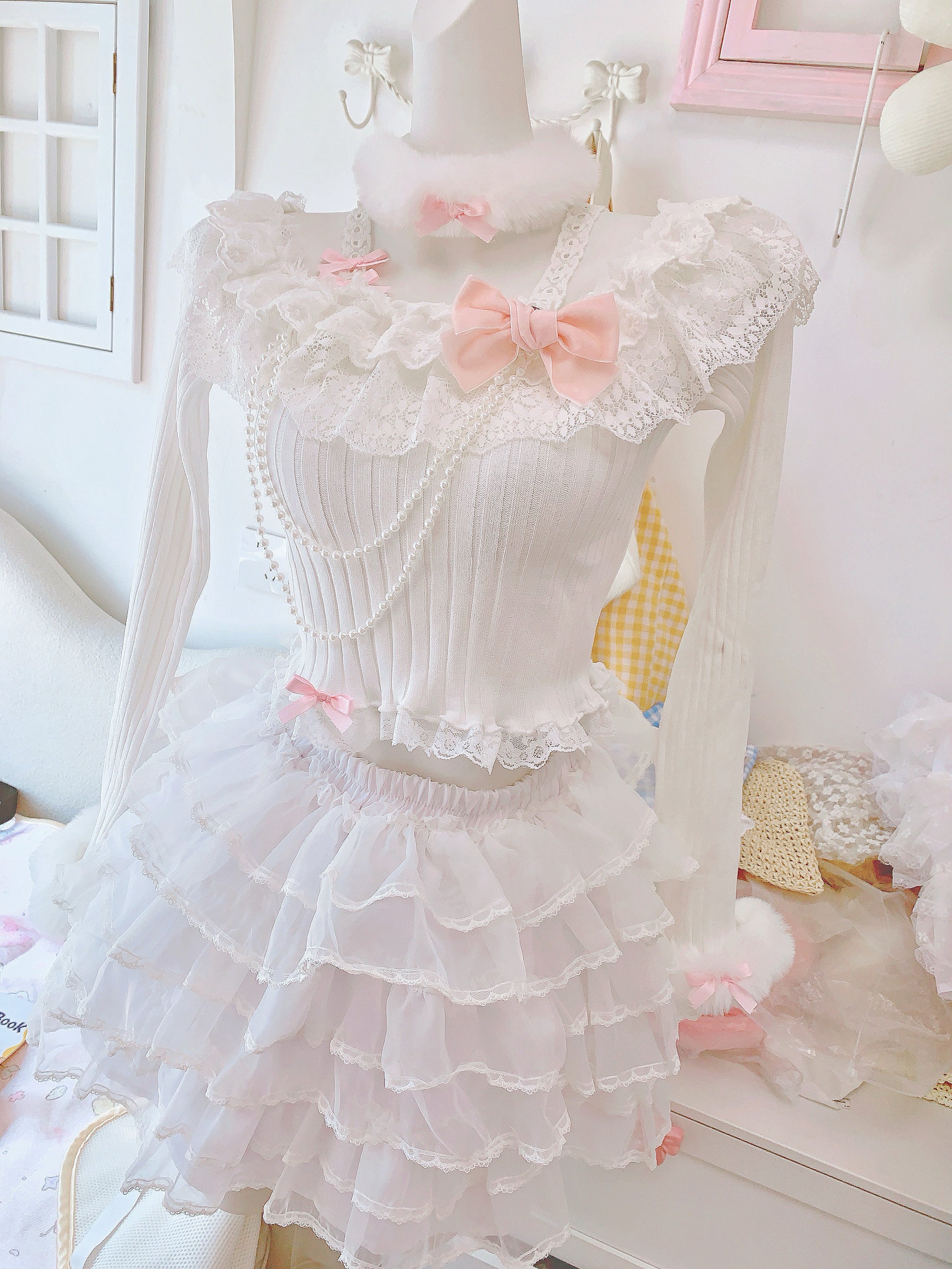 Candy Fairy Pearl Lace White Knit Sweater - Image 4