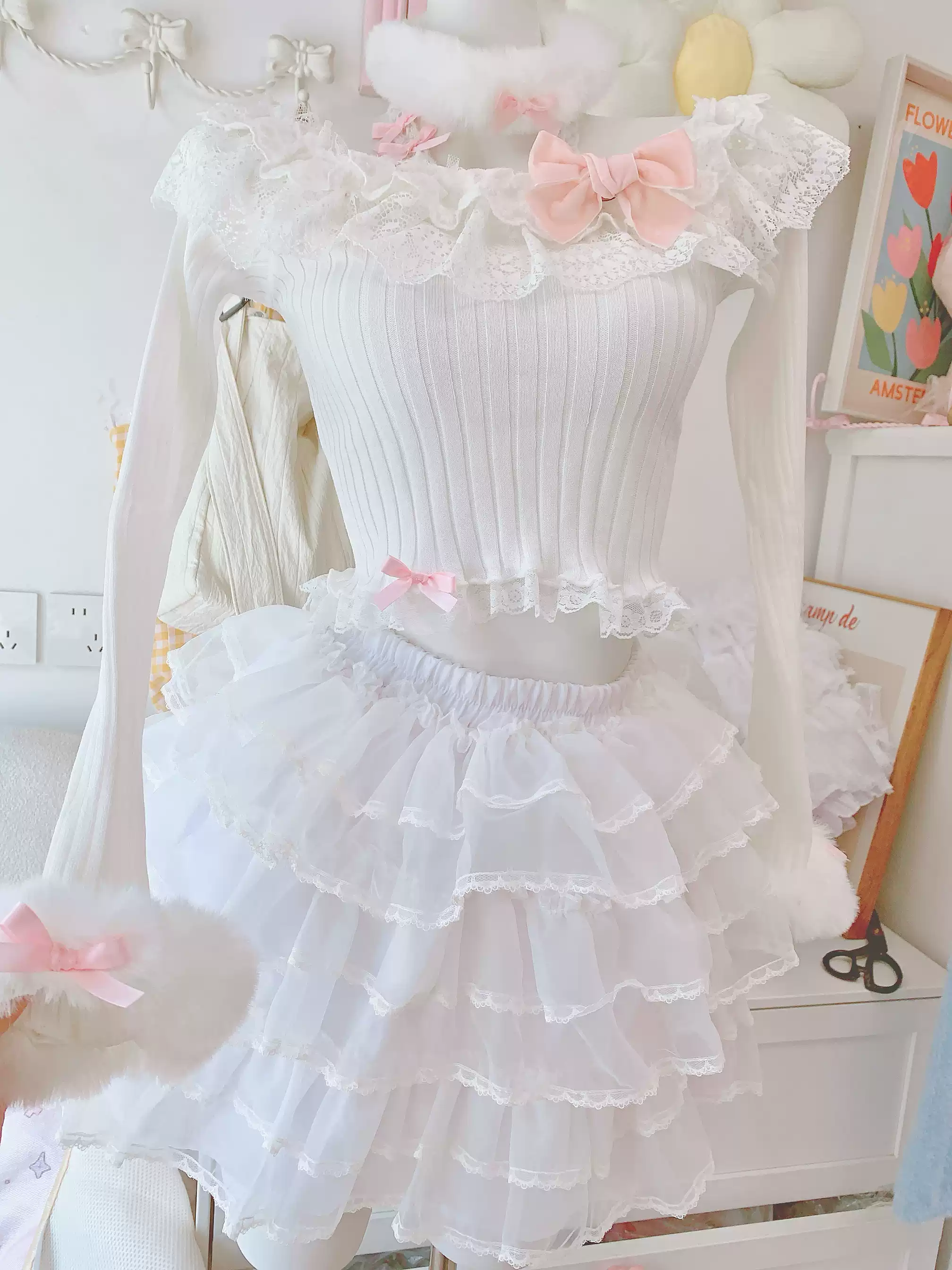 Candy Fairy Pearl Lace White Knit Sweater - Image 5