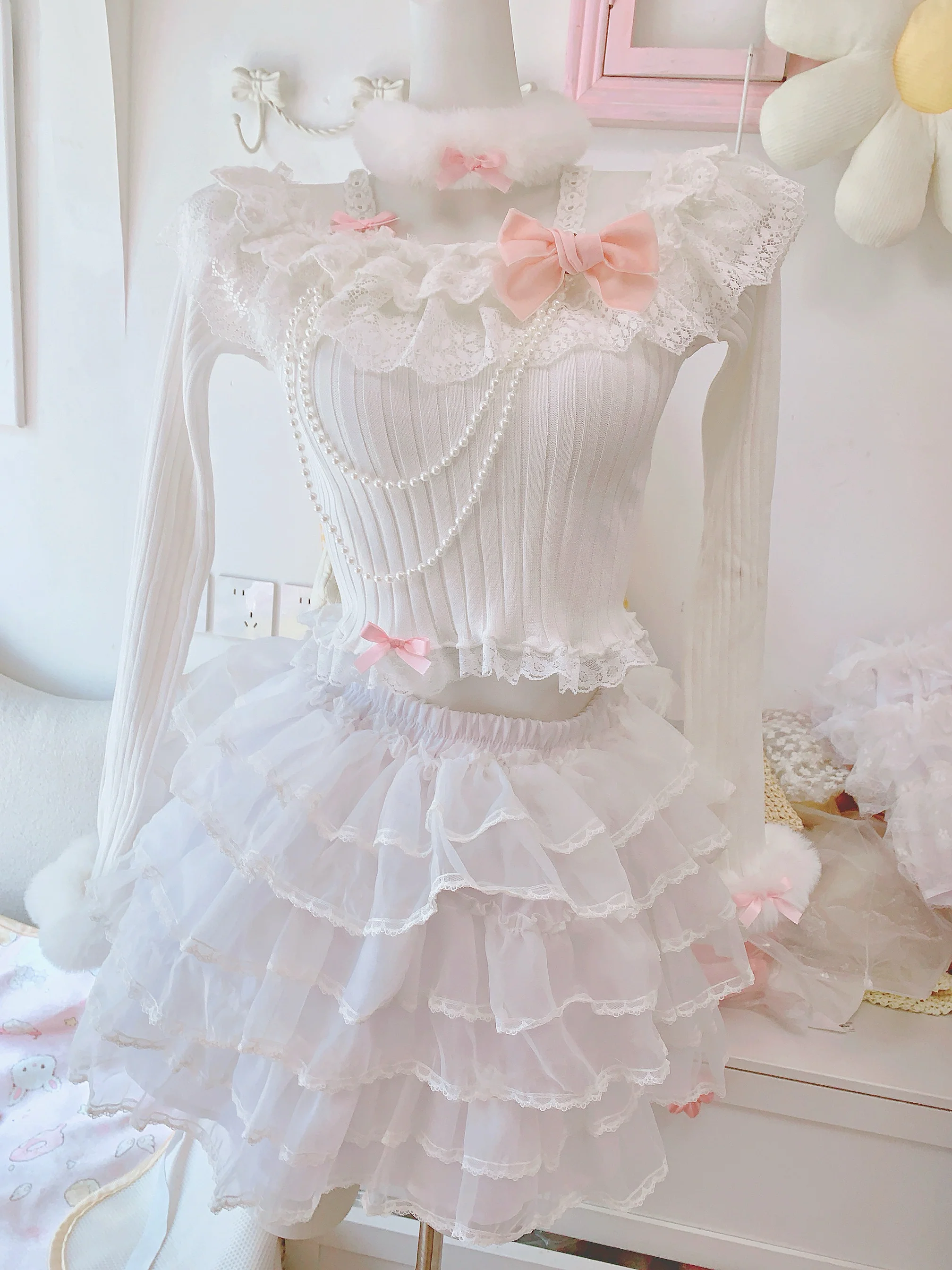 Candy Fairy Pearl Lace White Knit Sweater - Image 6