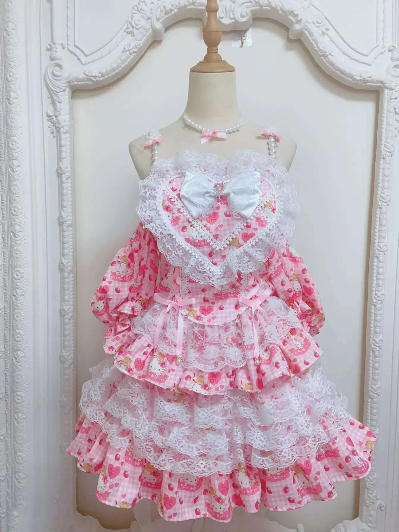 Candy Fairy Strawberry Kitty Pink Plaid Ruffled Princess Dress - Image 3