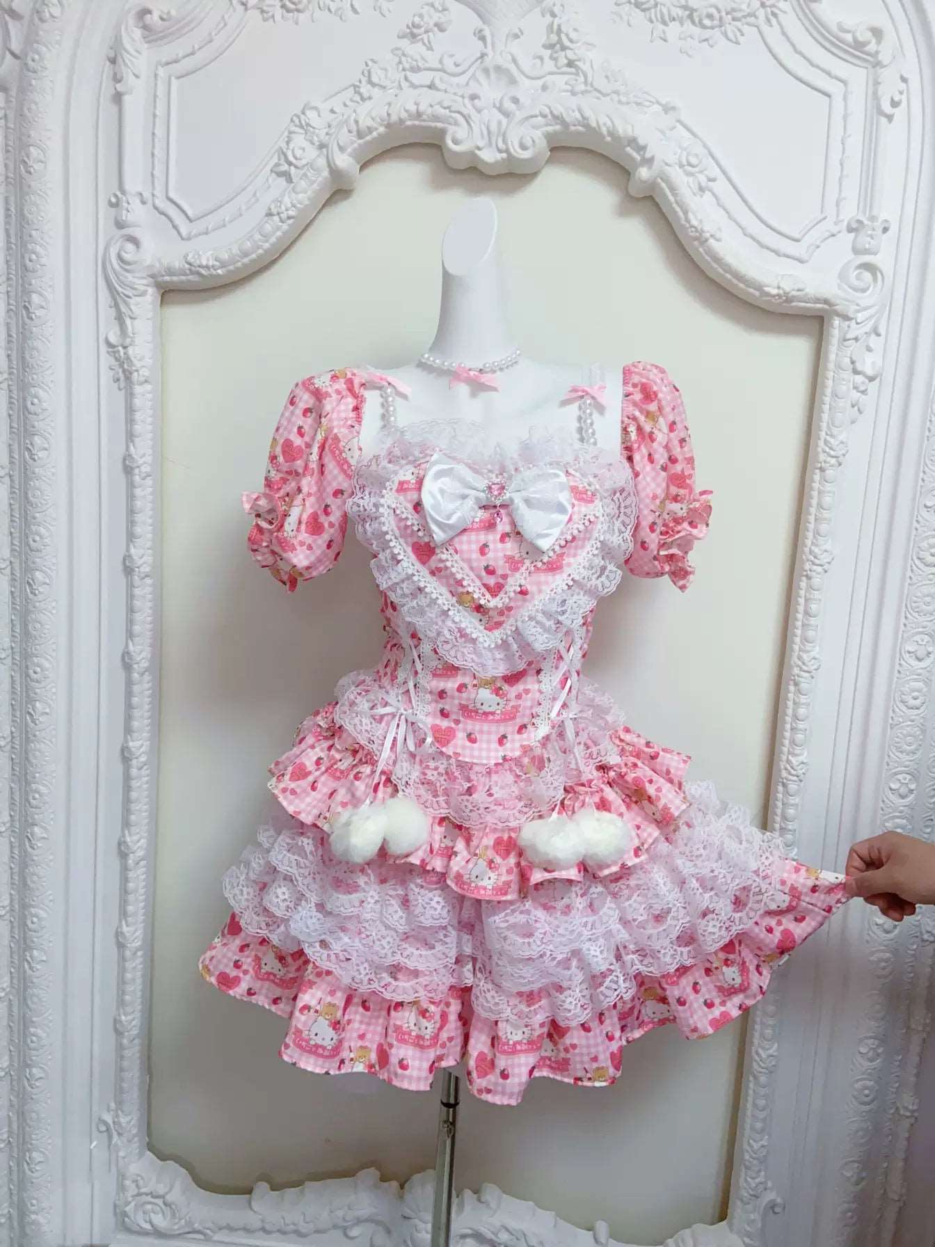 Candy Fairy Strawberry Kitty Pink Plaid Ruffled Princess Dress - Image 5