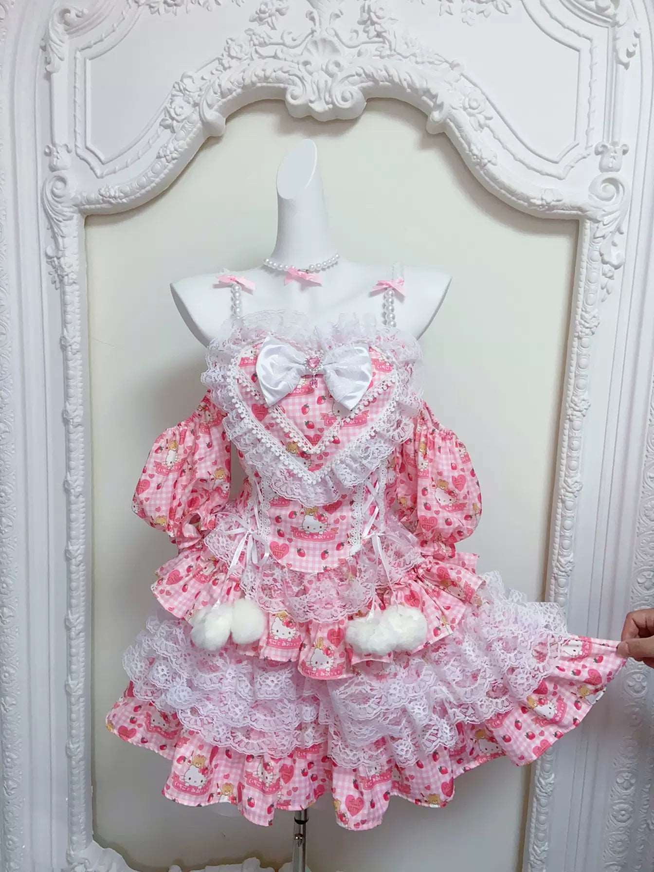 Candy Fairy Strawberry Kitty Pink Plaid Ruffled Princess Dress - Image 6