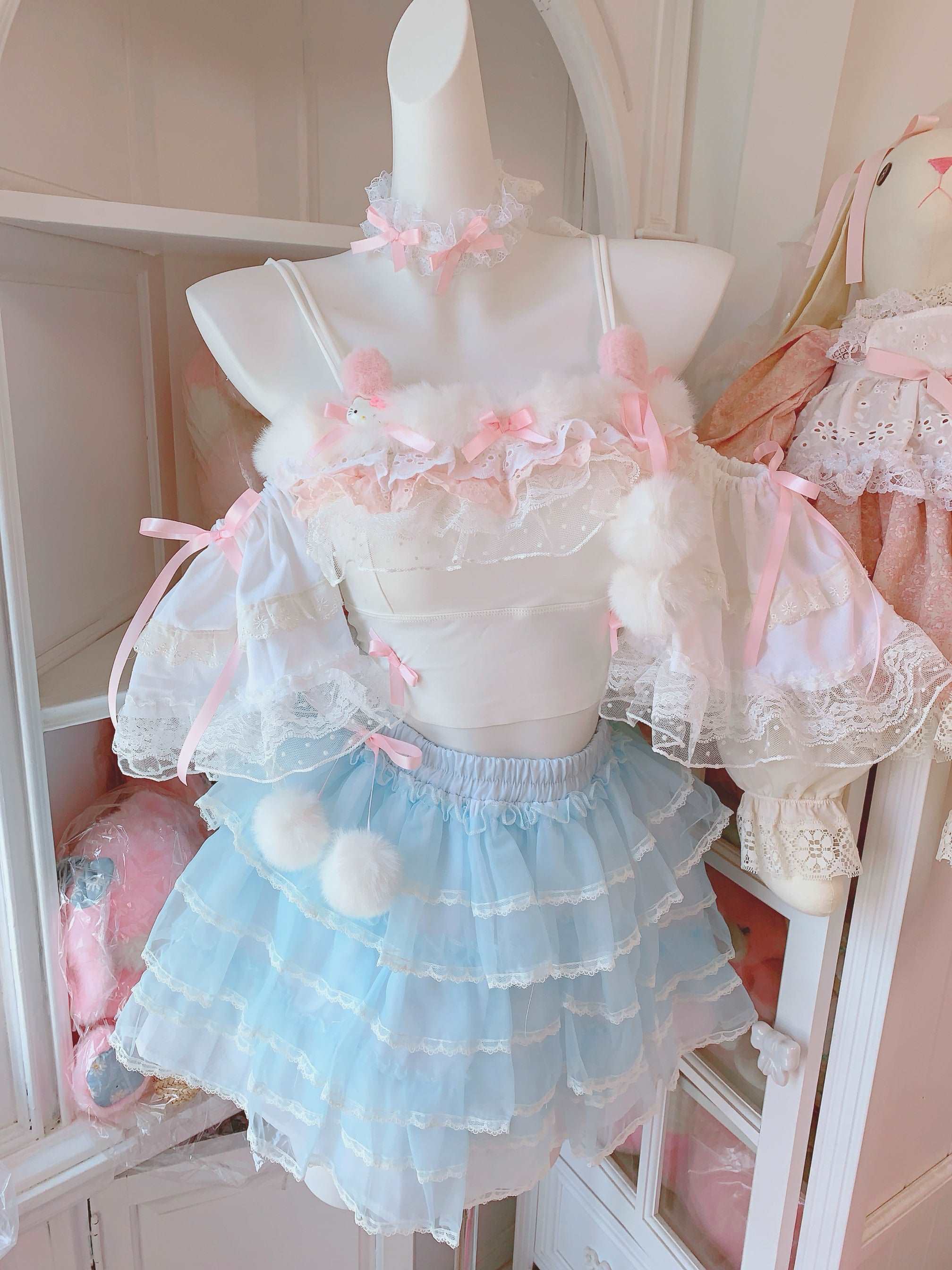 Candy Fairy Sweet White Camisole Top & Blue Ruffle Skirt Two Piece Set - Image 3
