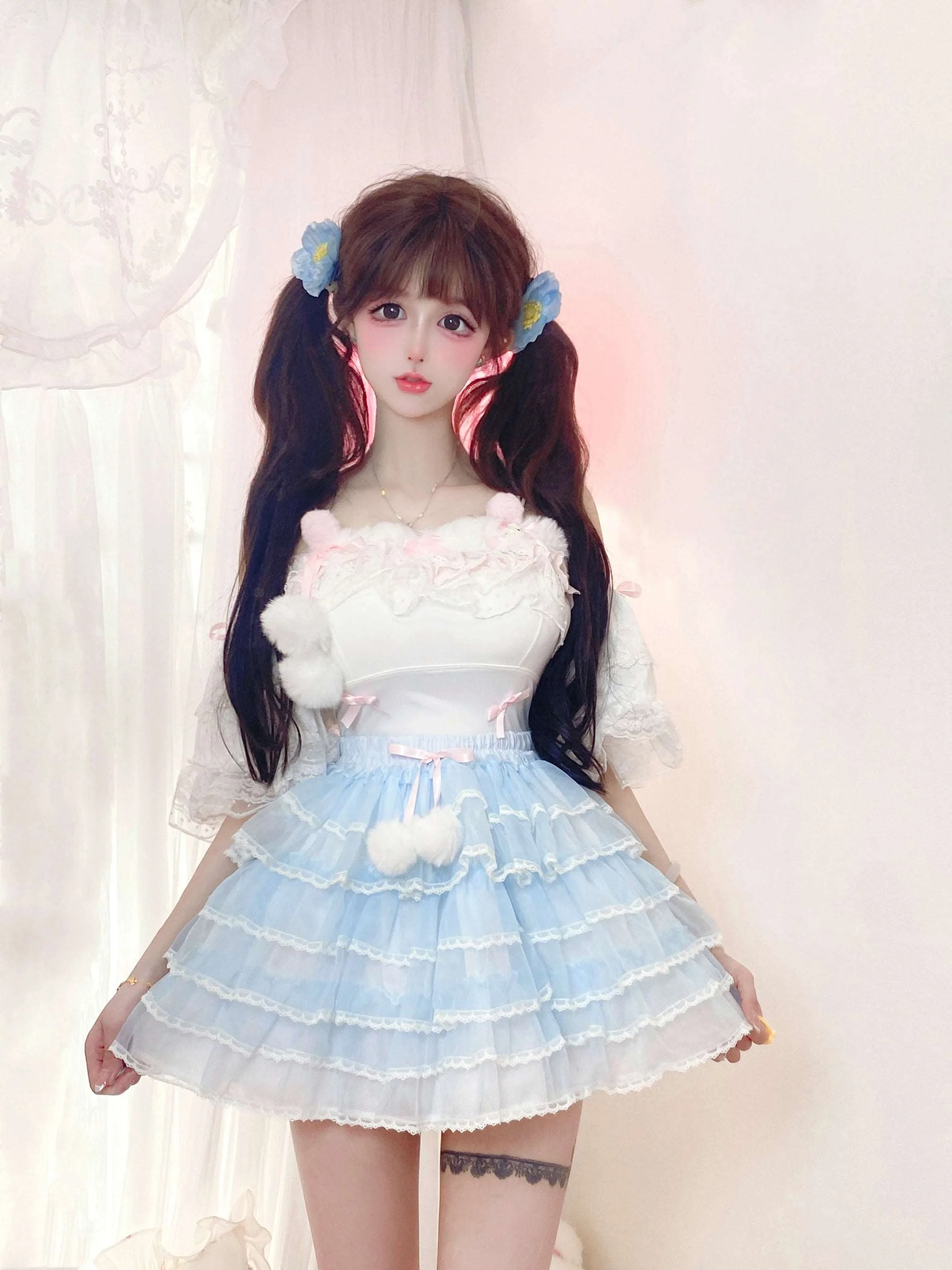 Candy Fairy Sweet White Camisole Top & Blue Ruffle Skirt Two Piece Set - Image 4