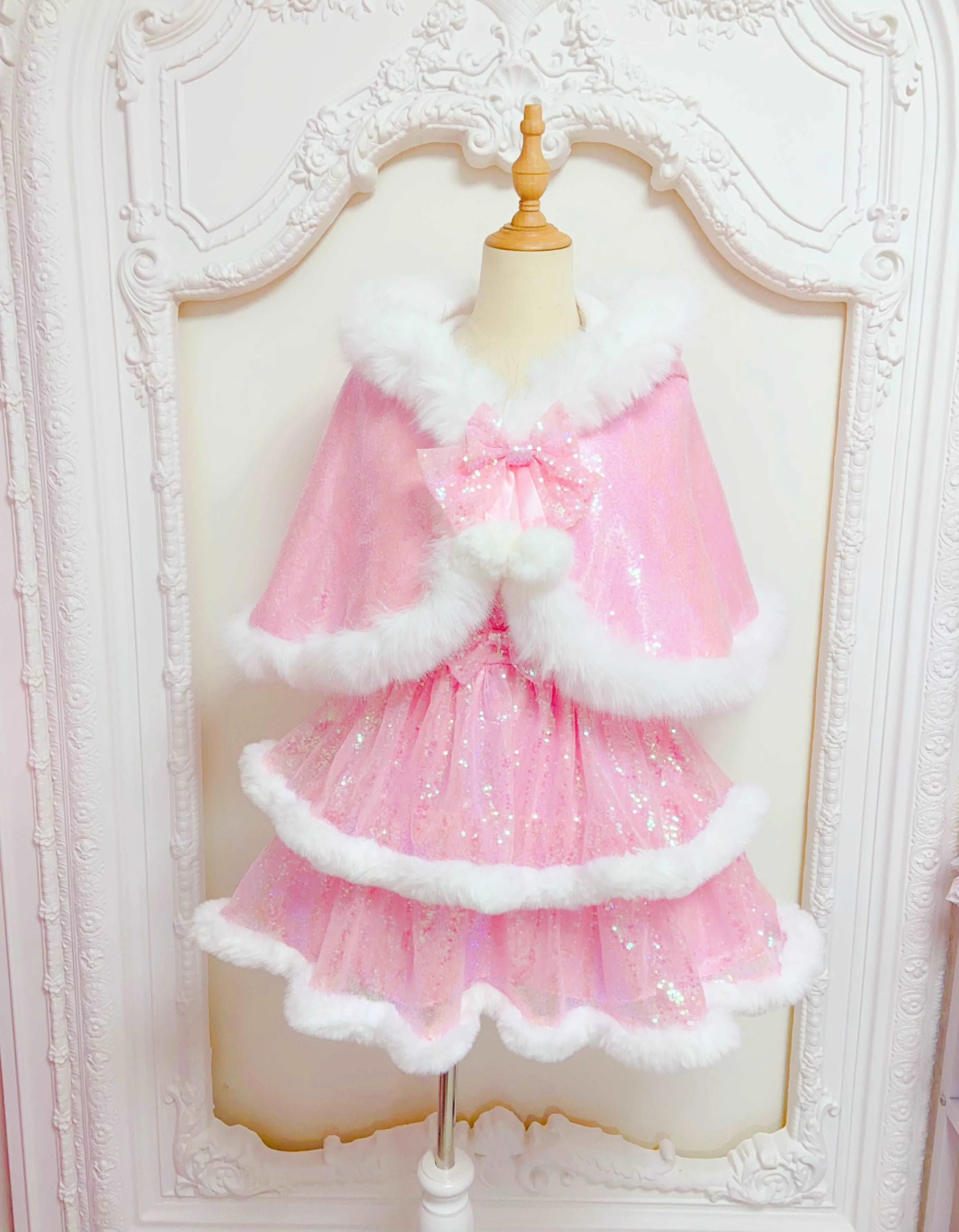 Candy Fairy Winter Princess Pink & White Ruffled Strap Dress & Hooded Cape Cloak Two Piece Set - Image 3