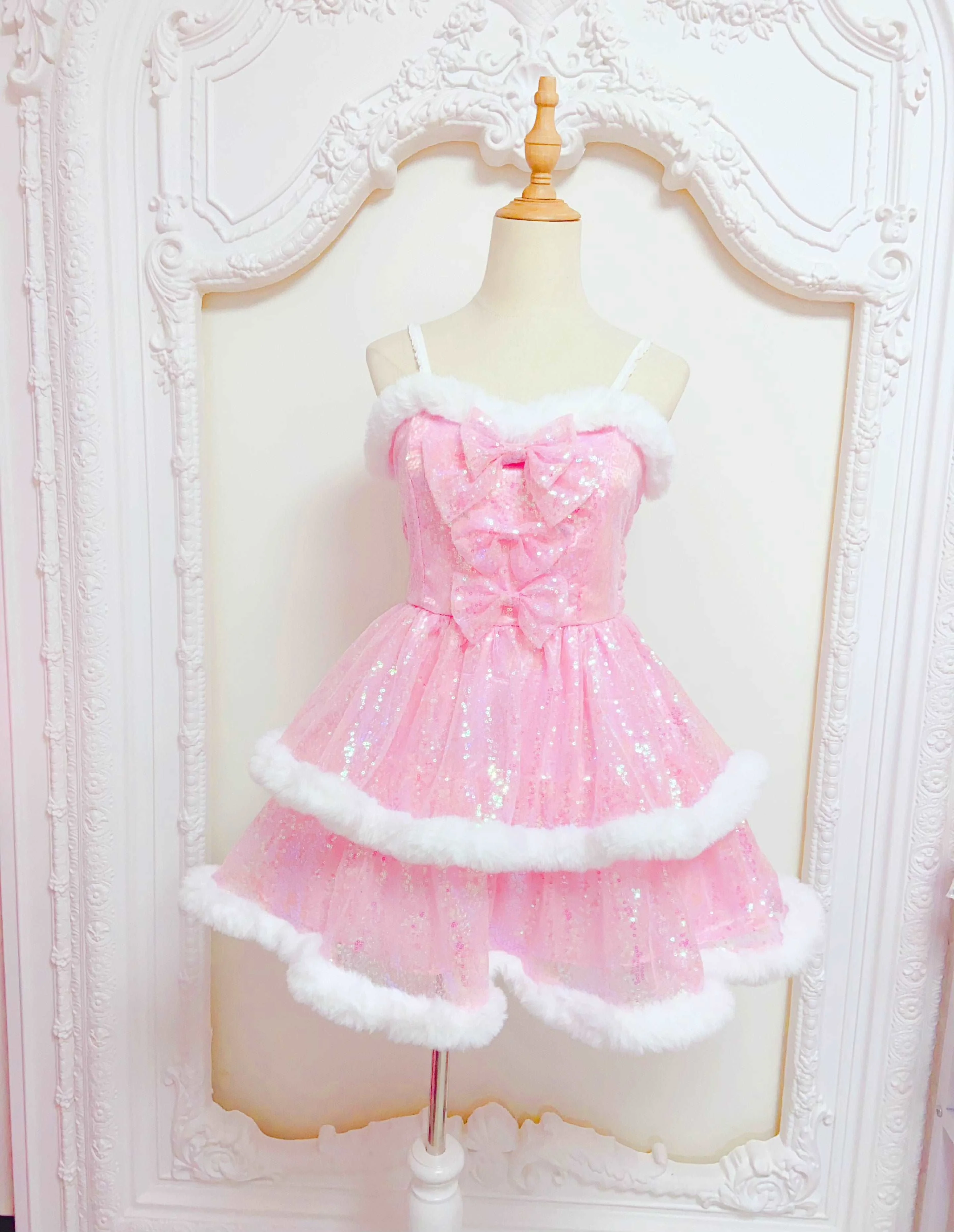 Candy Fairy Winter Princess Pink & White Ruffled Strap Dress & Hooded Cape Cloak Two Piece Set - Image 4