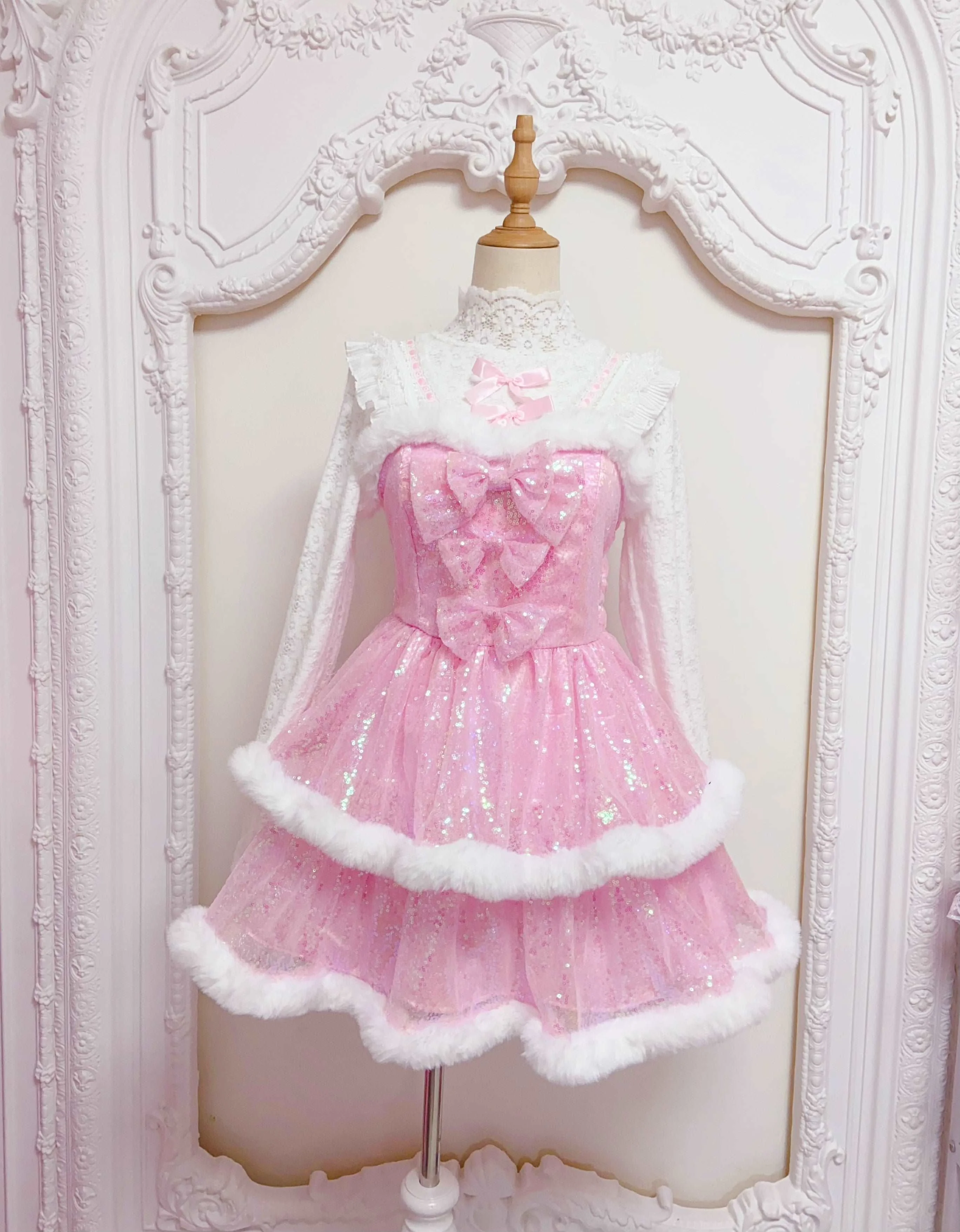 Candy Fairy Winter Princess Pink & White Ruffled Strap Dress & Hooded Cape Cloak Two Piece Set - Image 7