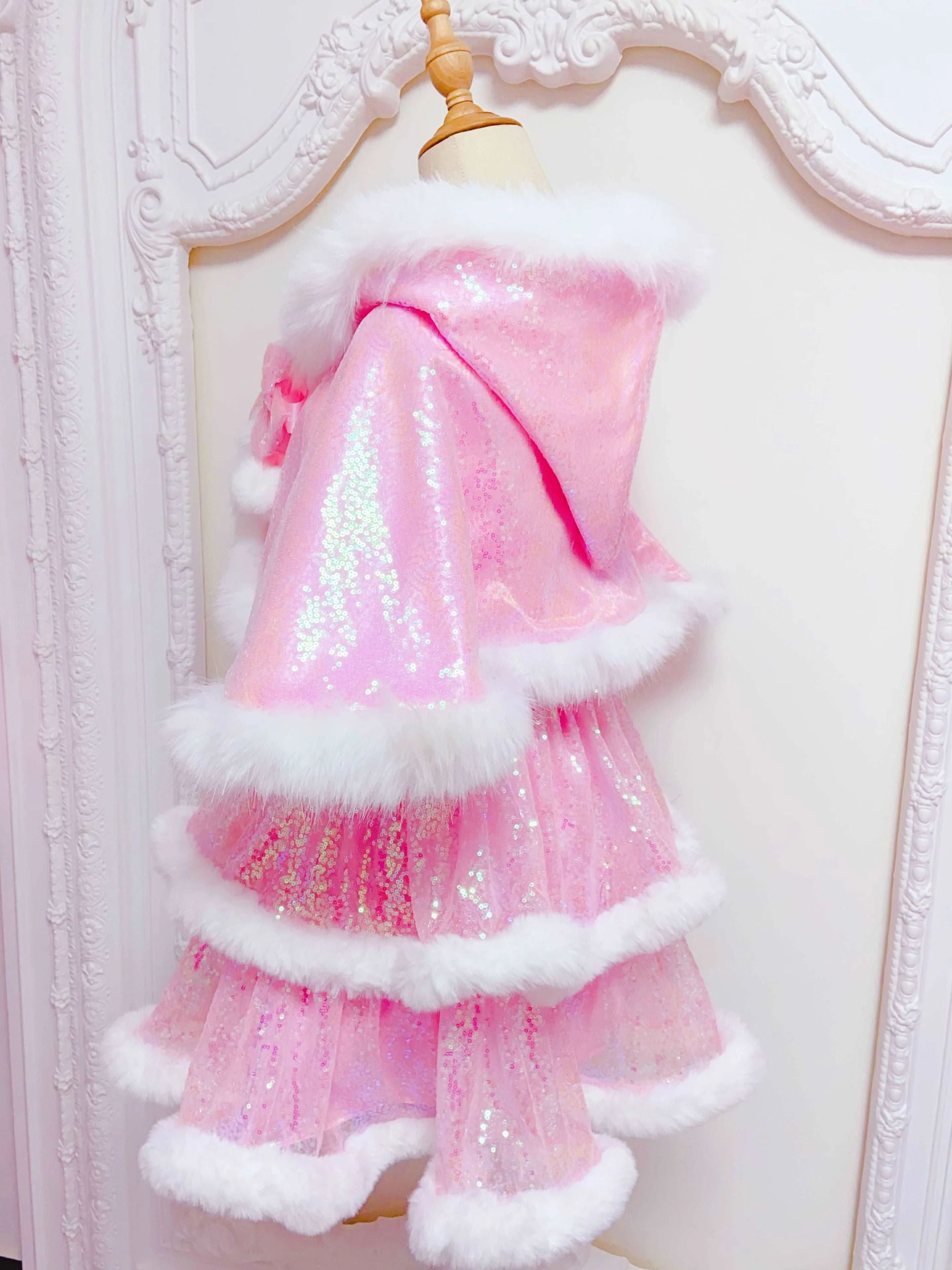Candy Fairy Winter Princess Pink & White Ruffled Strap Dress & Hooded Cape Cloak Two Piece Set - Image 8