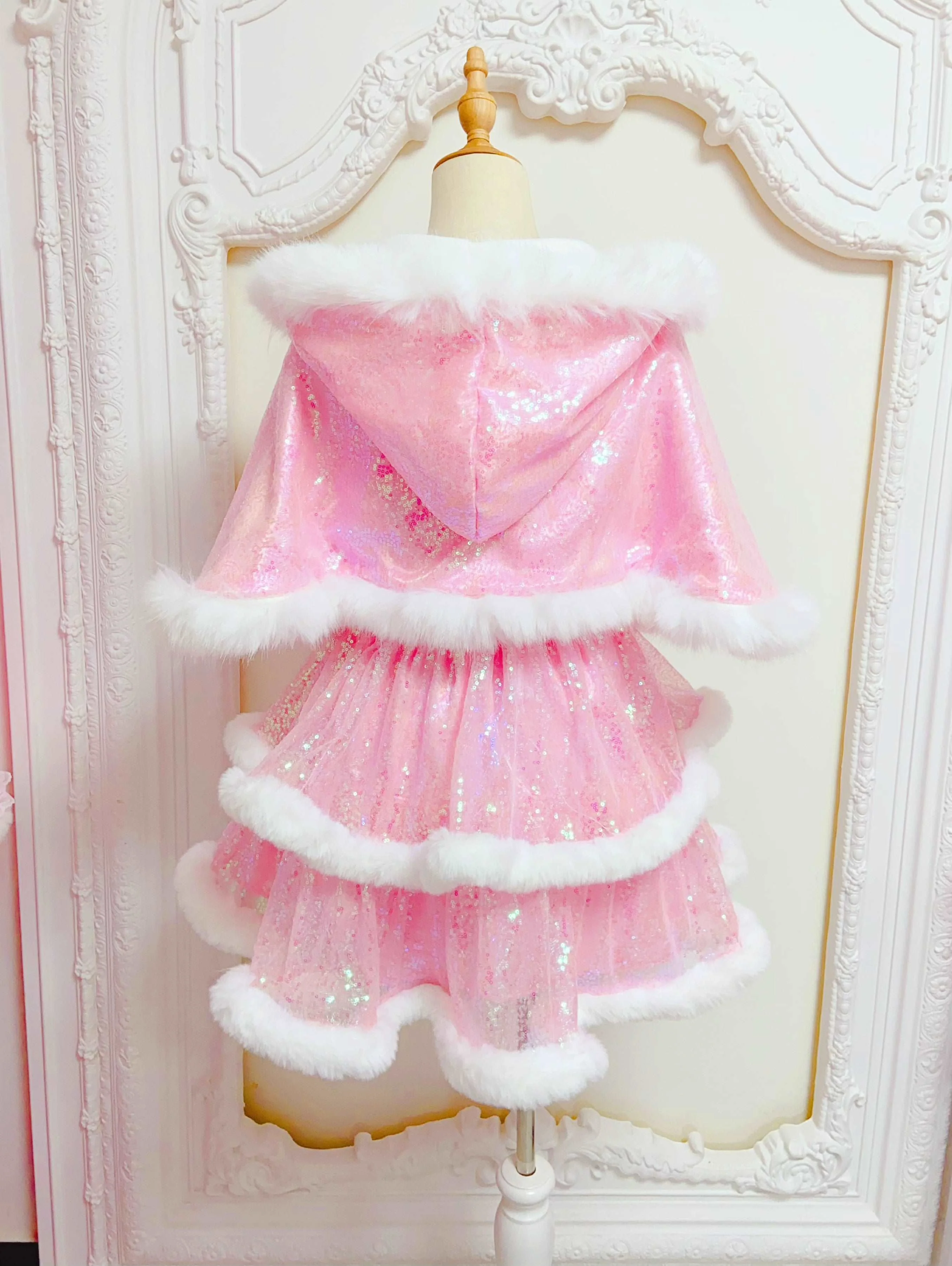 Candy Fairy Winter Princess Pink & White Ruffled Strap Dress & Hooded Cape Cloak Two Piece Set - Image 9