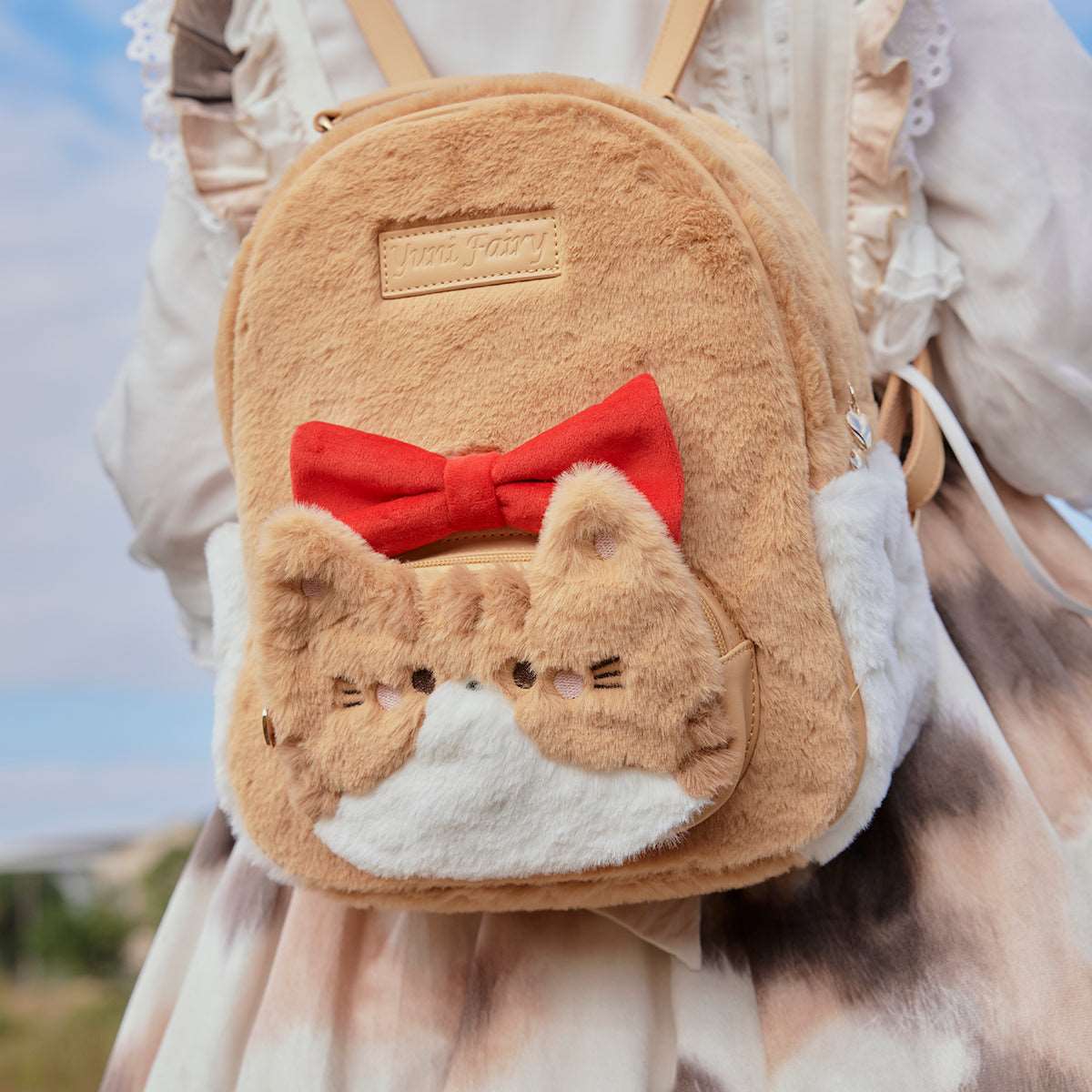 Cat Cute Big Bow Fluffy Plush Backpack Bag - Image 6