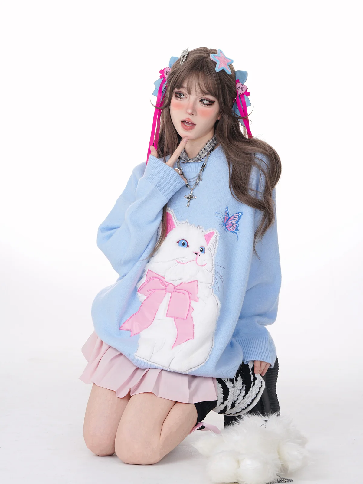 Young Eyes Cat With Bow Print Pullover Knitted Embroidery Oversize Sweater - Image 10