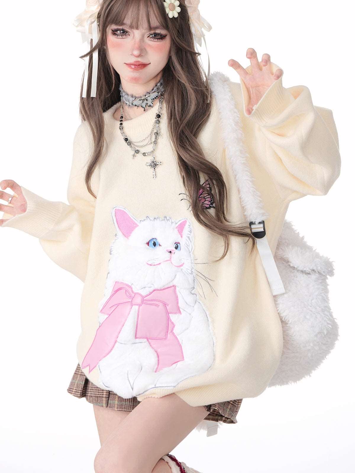 Young Eyes Cat With Bow Print Pullover Knitted Embroidery Oversize Sweater - Image 11