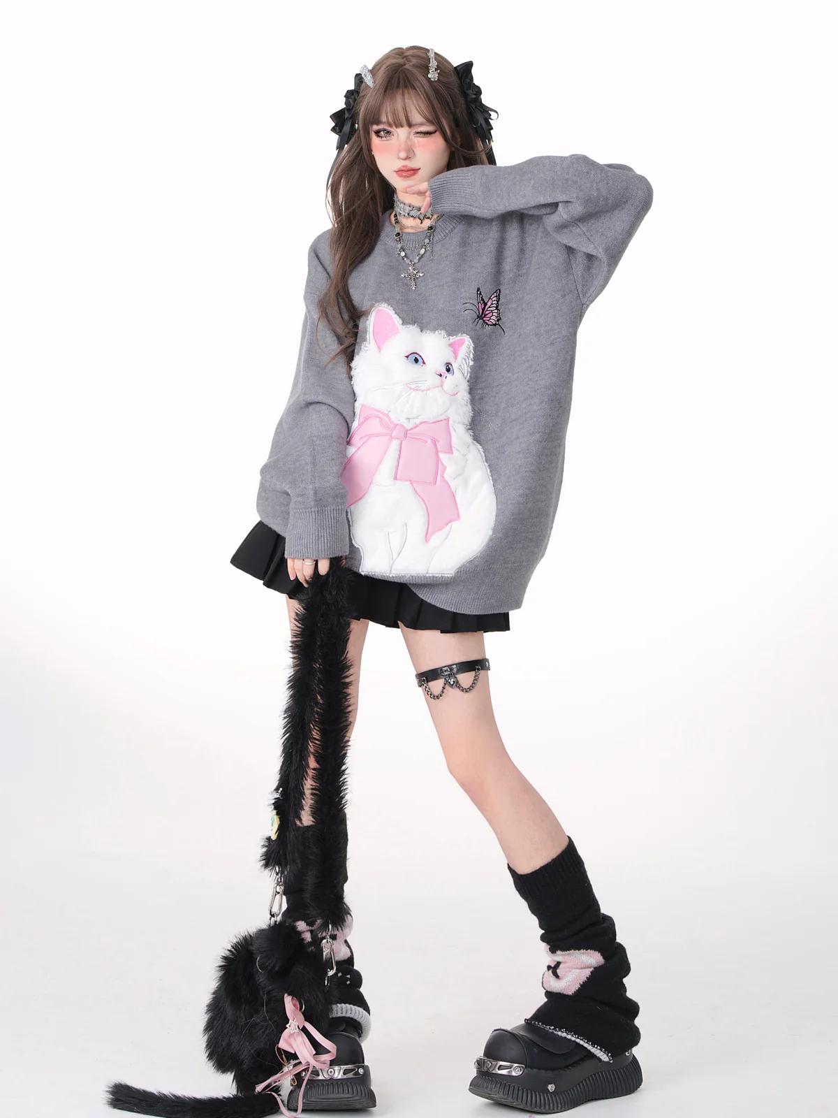 Young Eyes Cat With Bow Print Pullover Knitted Embroidery Oversize Sweater - Image 12