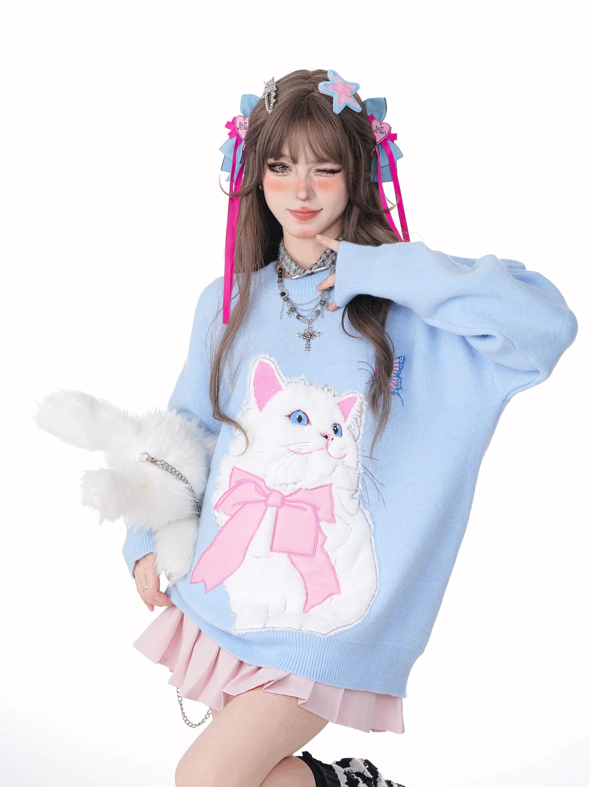 Young Eyes Cat With Bow Print Pullover Knitted Embroidery Oversize Sweater - Image 2